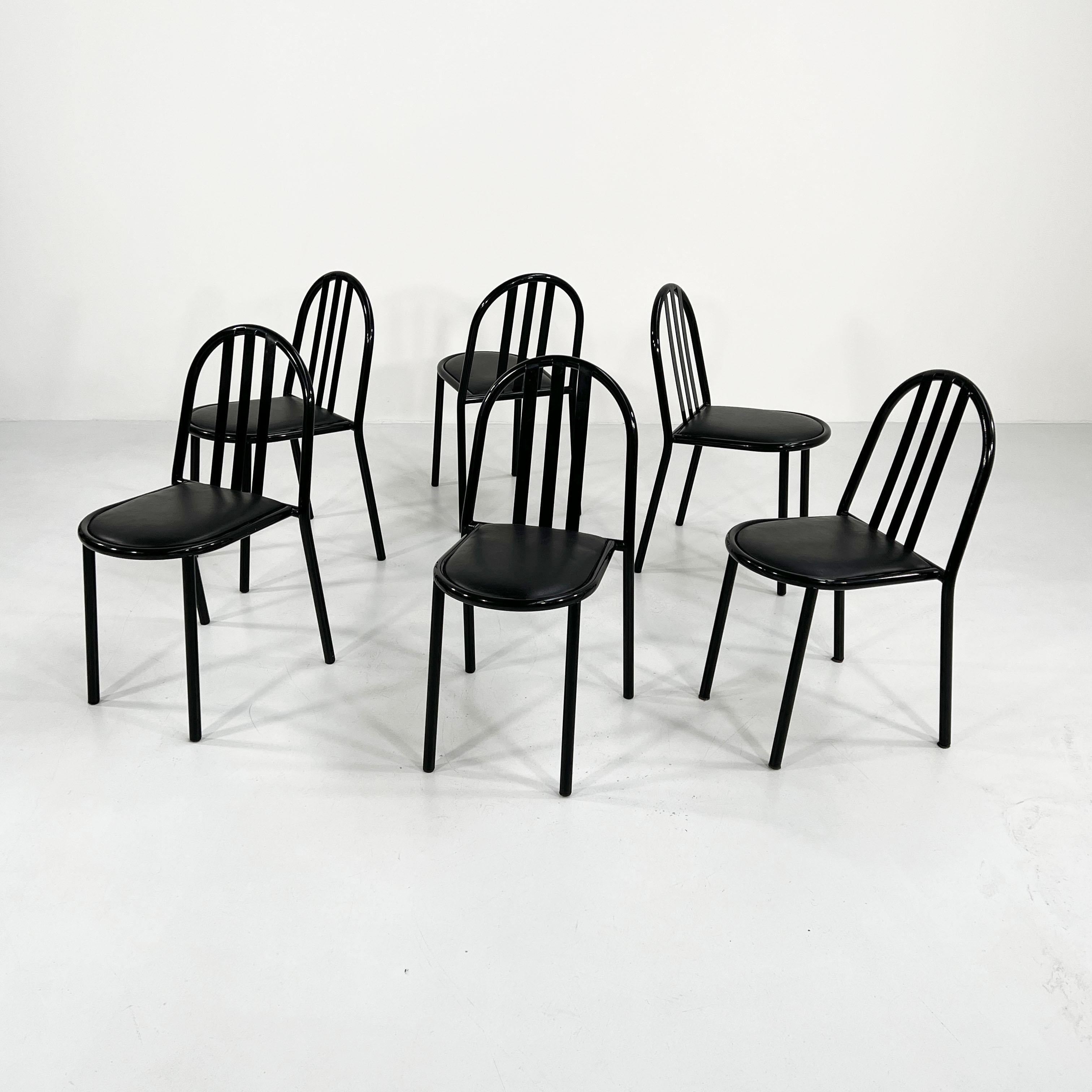 Designer - Robert Mallet-Stevens
Producer - Pallucco Italia
Model - No.222 Chairs 
Design Period - Eighties
Measurements - Width 40 cm x Depth 40 cm x Height 82 cm x Seat Height 46 cm
Materials - Metal, Simili 
Color - Black
Light wear