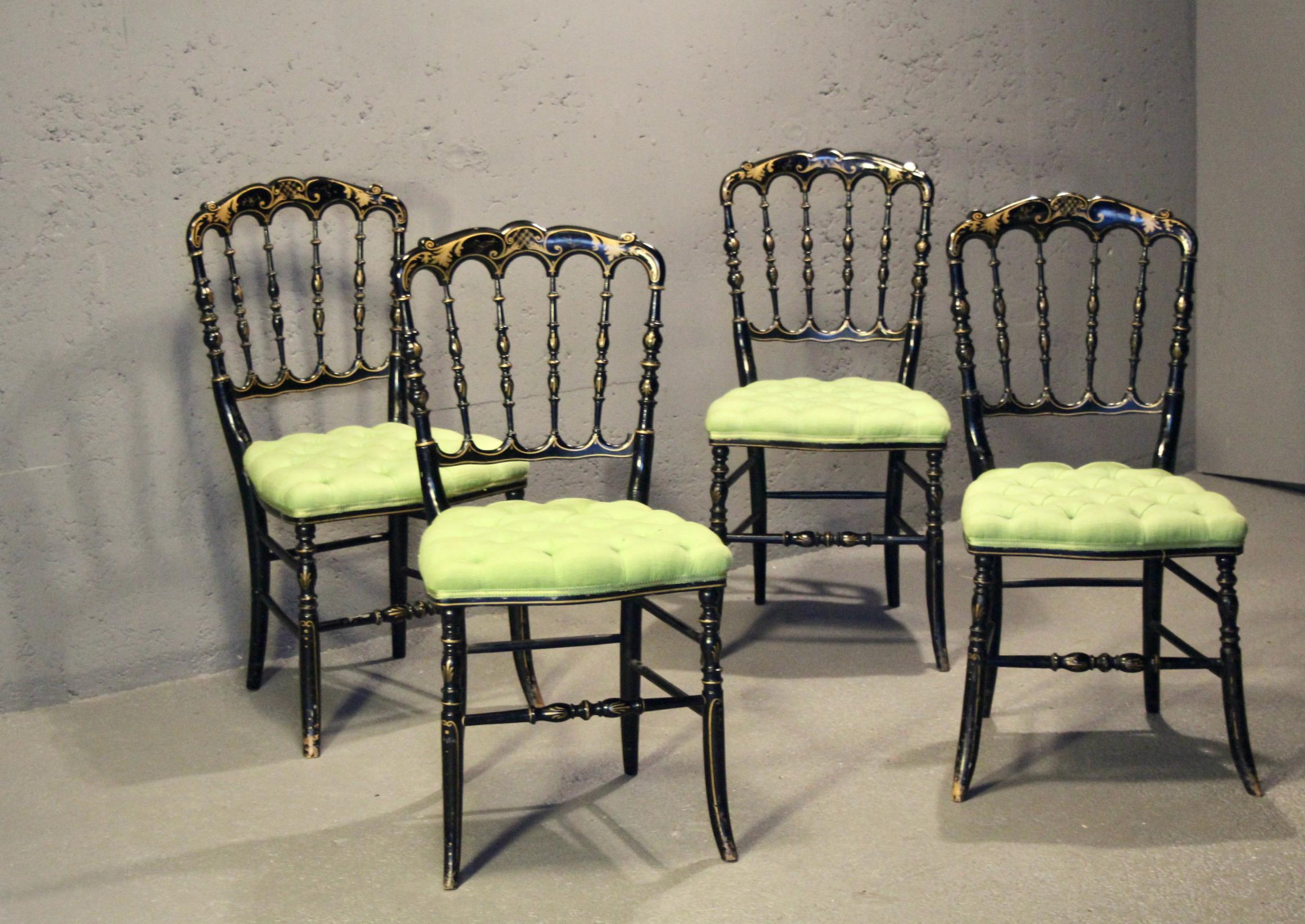 Set of 6 N III chairs in black wood and fabric; 2 chairs need to be reupholstered.