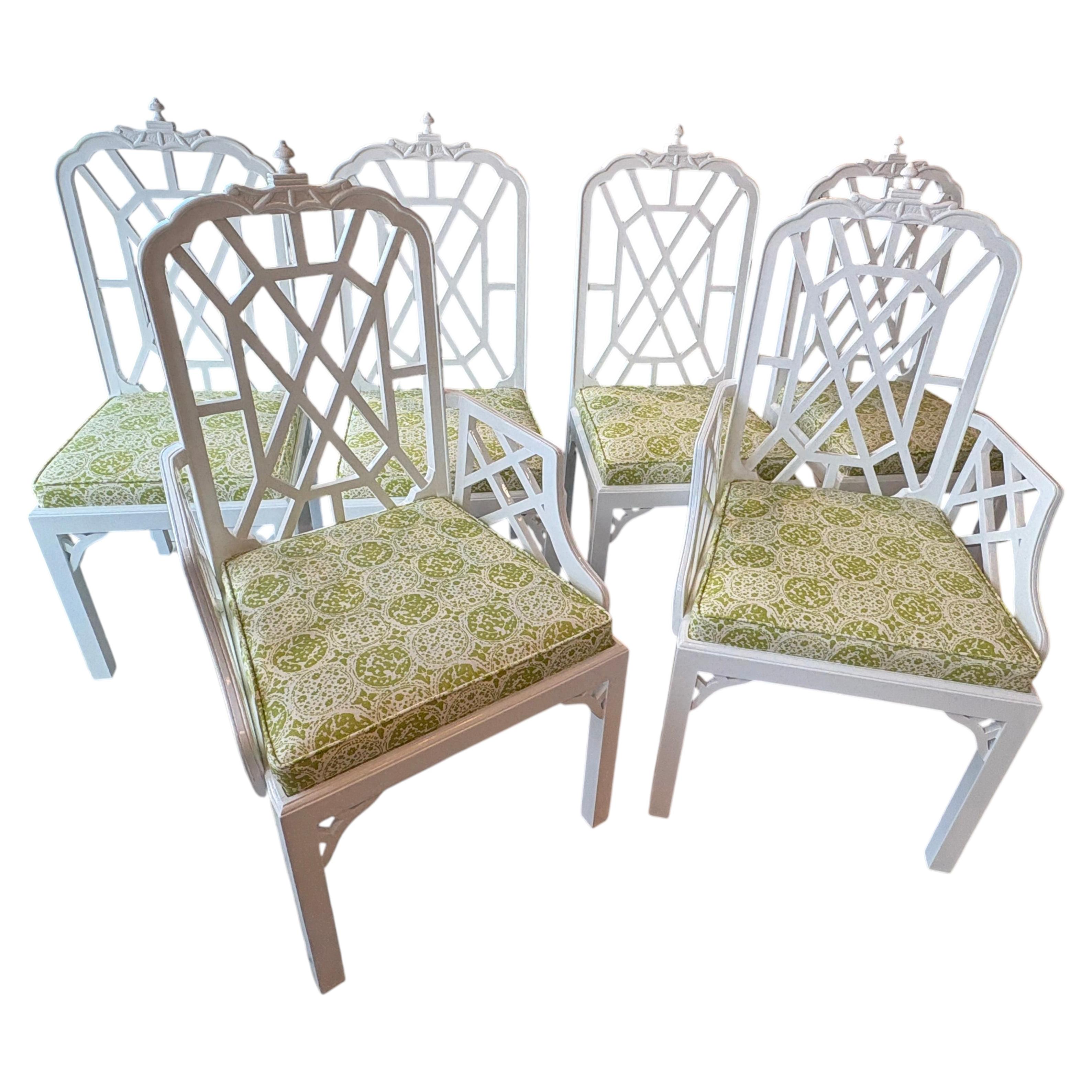 Set of 6 Newly Lacquered Upholstered Pagoda Chinese Chippendale Dining Chairs