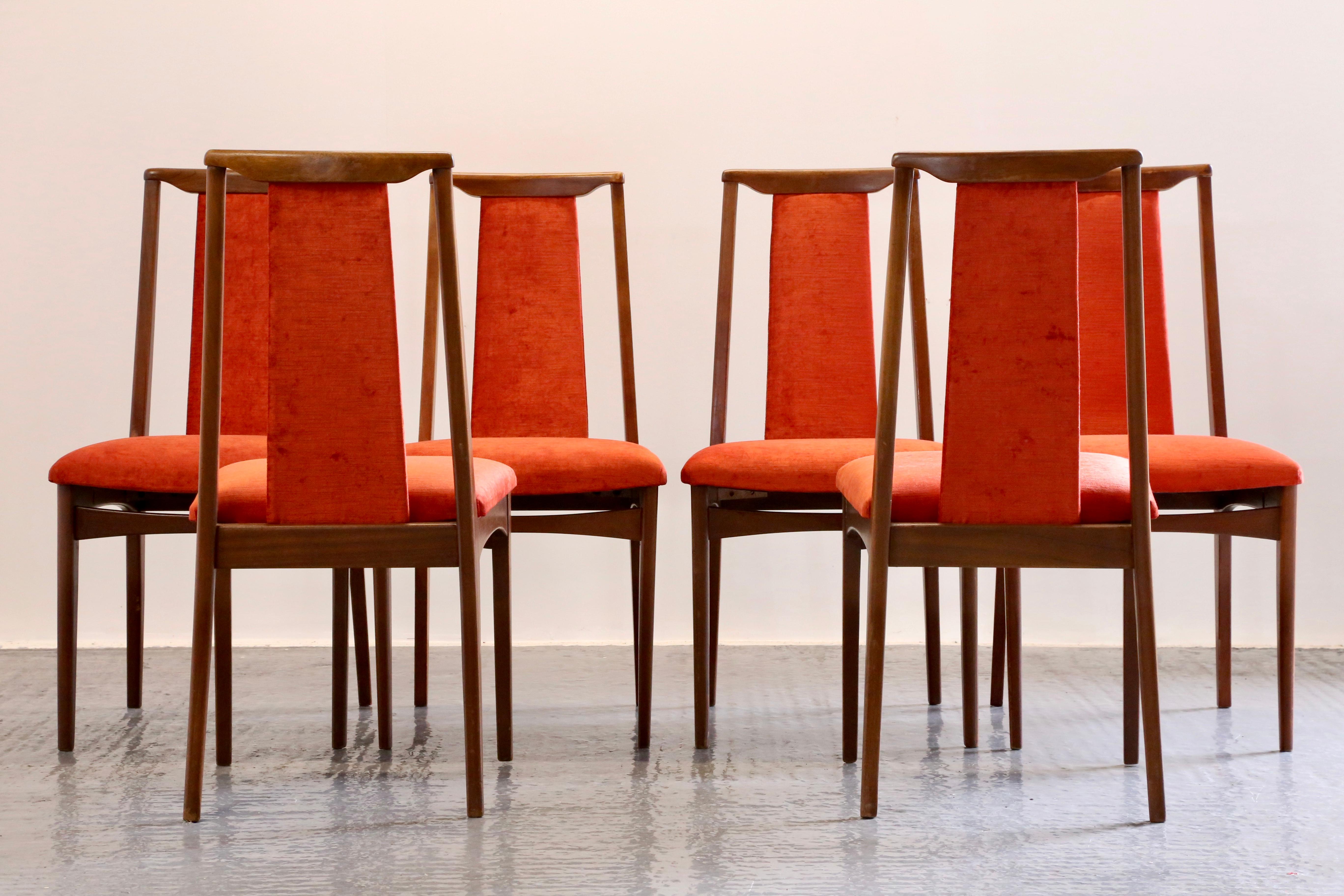 Raffinierte Schlichtheit: 6er-Set Moderne Esszimmerstühle aus der Jahrhundertmitte
Unser Set aus sechs modernen Esszimmerstühlen aus der Mitte des Jahrhunderts steht für schlichte Eleganz. Jeder Stuhl verfügt über eine hohe Rückenlehne, die mit