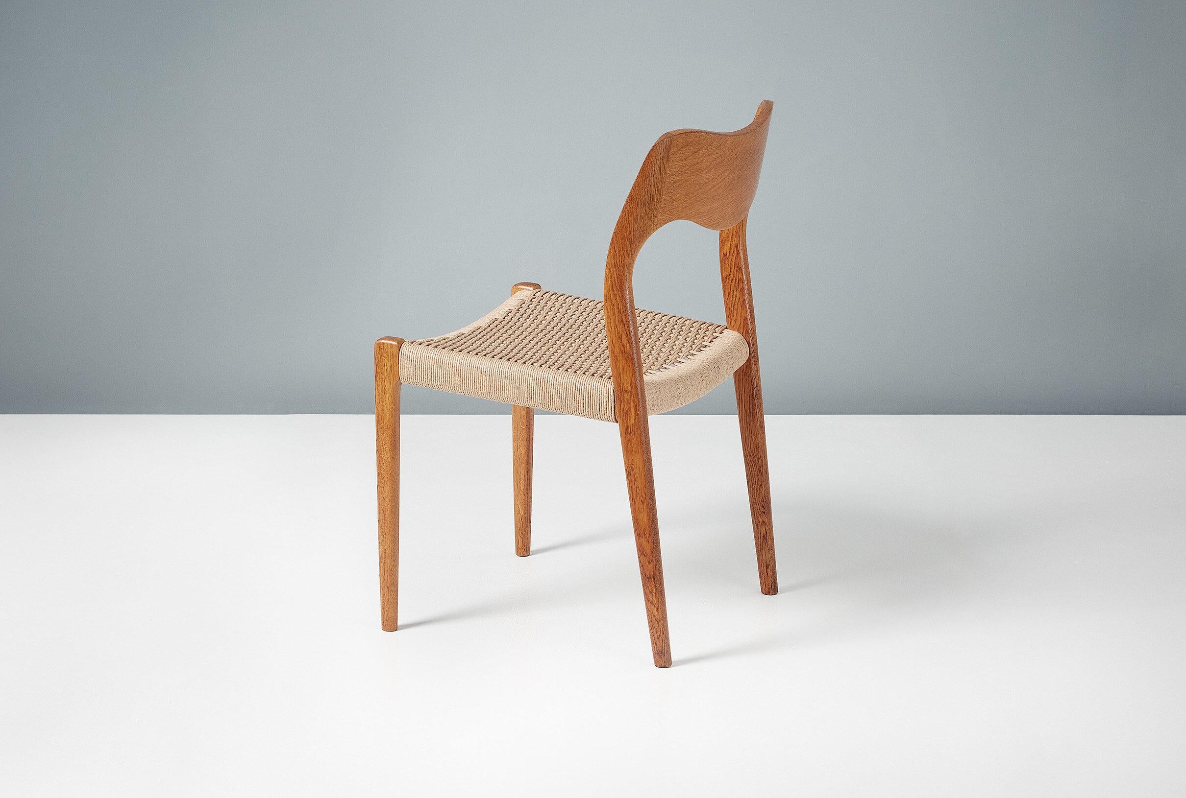 Niels O. Møller

Model 71 dining chairs, oak

Set of 6 oak dining chairs designed by Niels O. Moller for his own company J.L. Moller Mobelfabrik, Denmark. The Model 71 was one of Moller’s first designs and remains an all time Danish classic. The