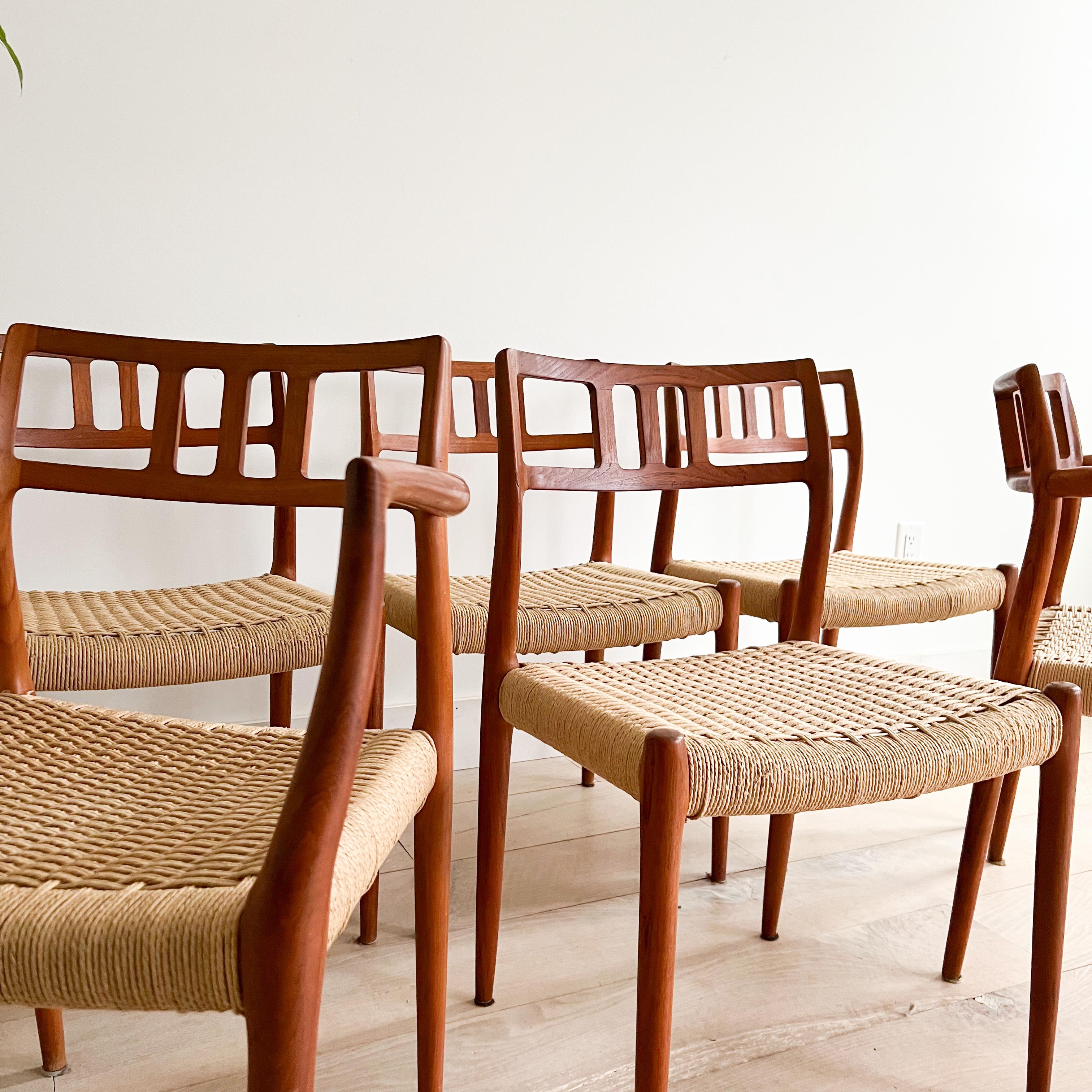 Set of 6 mid century modern Niels Moller for J.L. Moller teak dining chairs - Model 79 and 64

2 armchairs and 4 armless

The woven rope is in good condition overall with some light scuffing/light staining in a few areas (see up close photos). Some