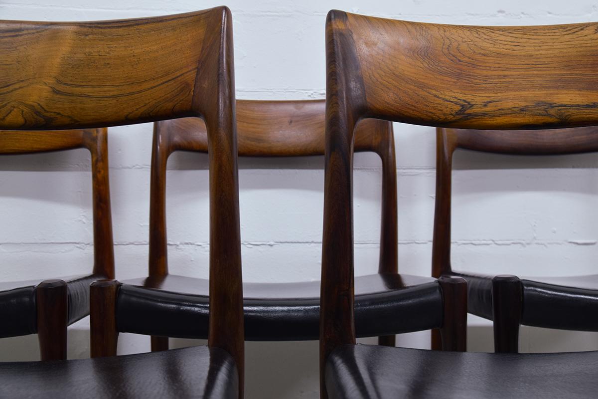 Set of 6 Niels Moller Model 77 Rosewood and Leather Dining Chairs Denmark, 1950s 7