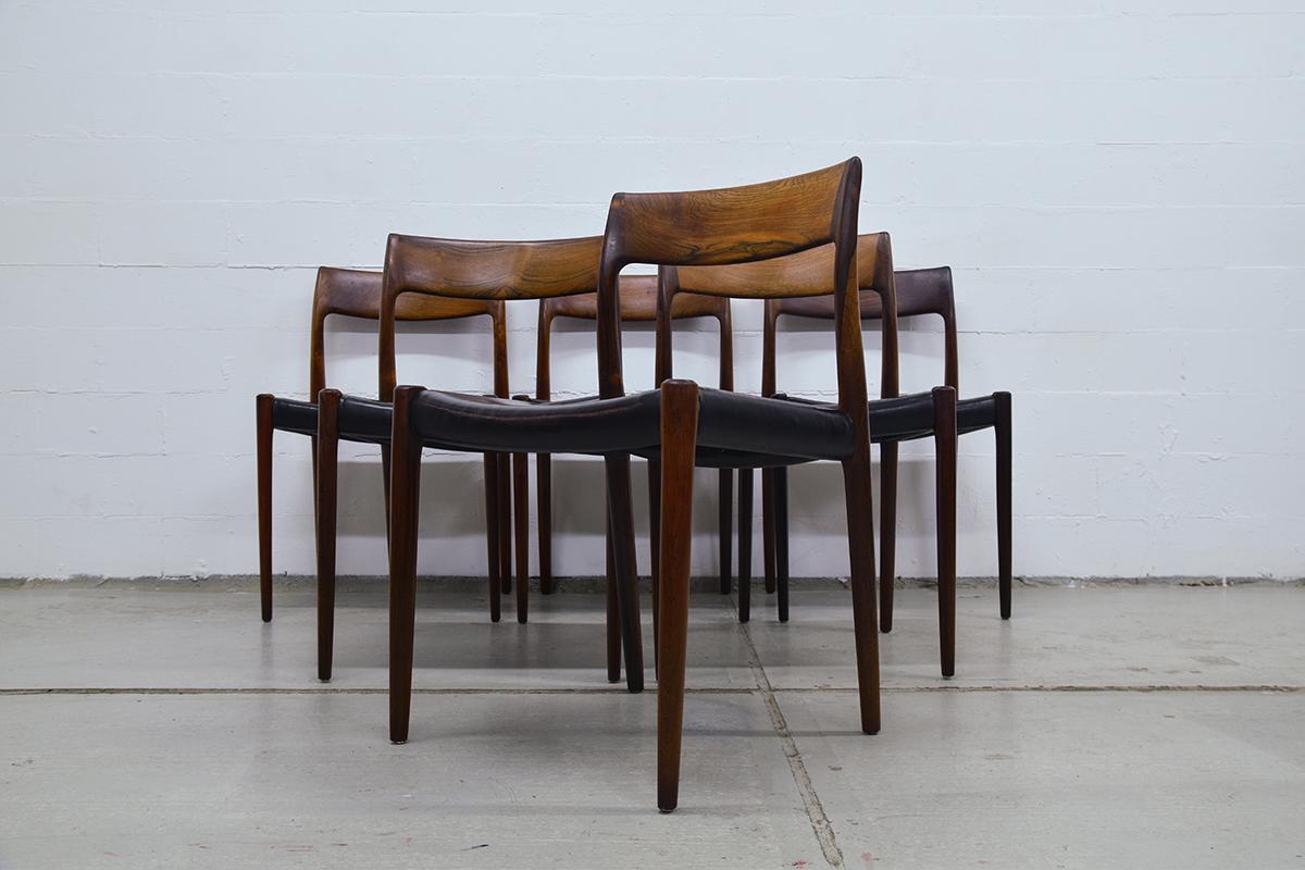 Danish Set of 6 Niels Moller Model 77 Rosewood and Leather Dining Chairs Denmark, 1950s