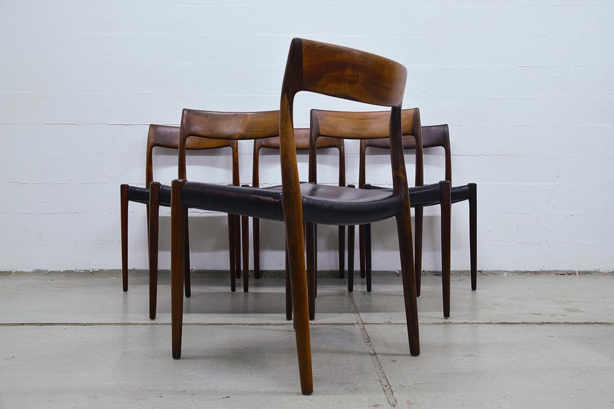 Set of 6 Niels Moller Model 77 Rosewood and Leather Dining Chairs Denmark, 1950s 1
