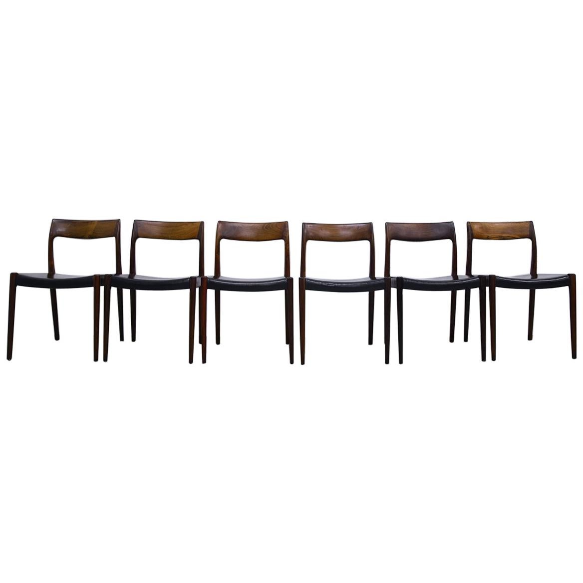 Set of 6 Niels Moller Model 77 Rosewood and Leather Dining Chairs Denmark, 1950s