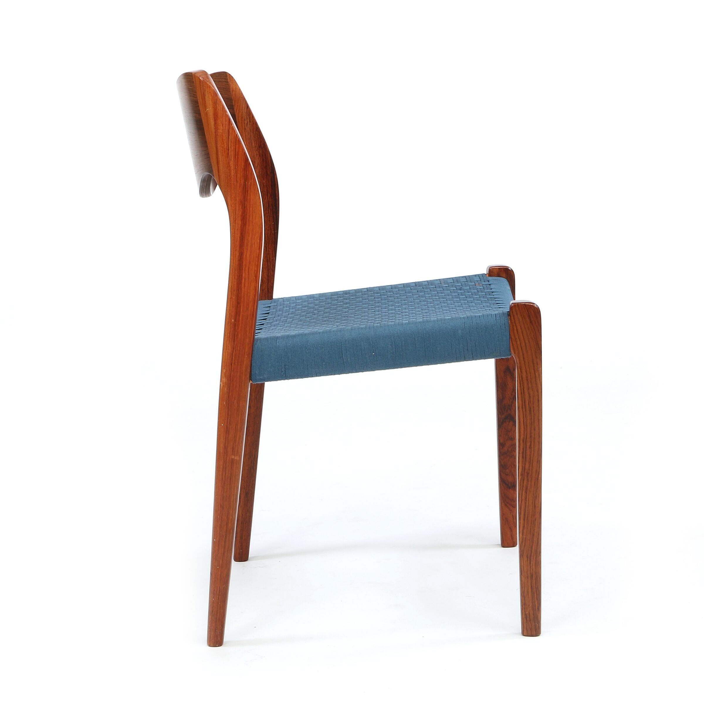 Scandinavian Modern Set of 6 Niels Otto Moller 1951 Dining Chairs with Original Blue Cord For Sale