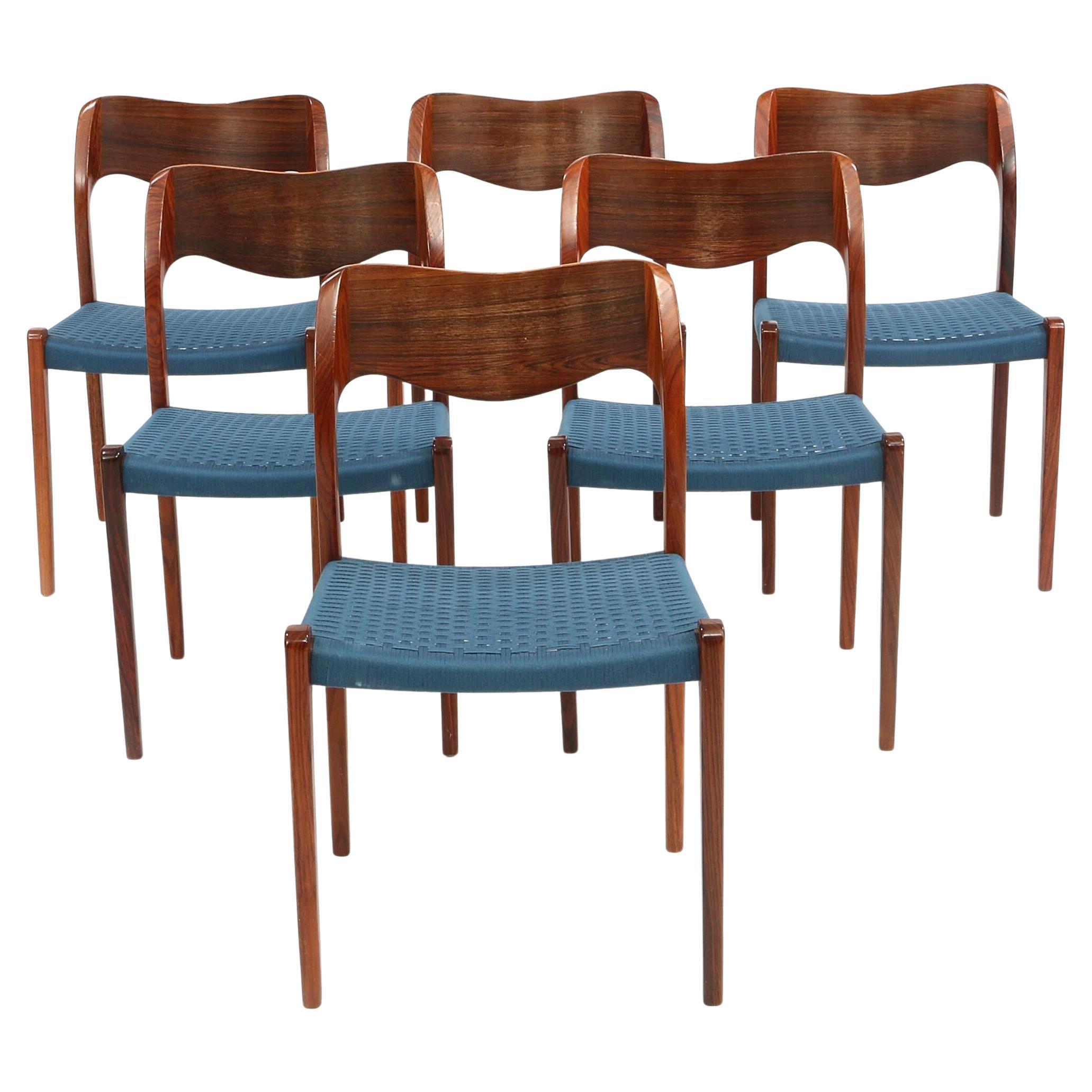 Set of 6 Niels Otto Moller 1951 Dining Chairs with Original Blue Cord