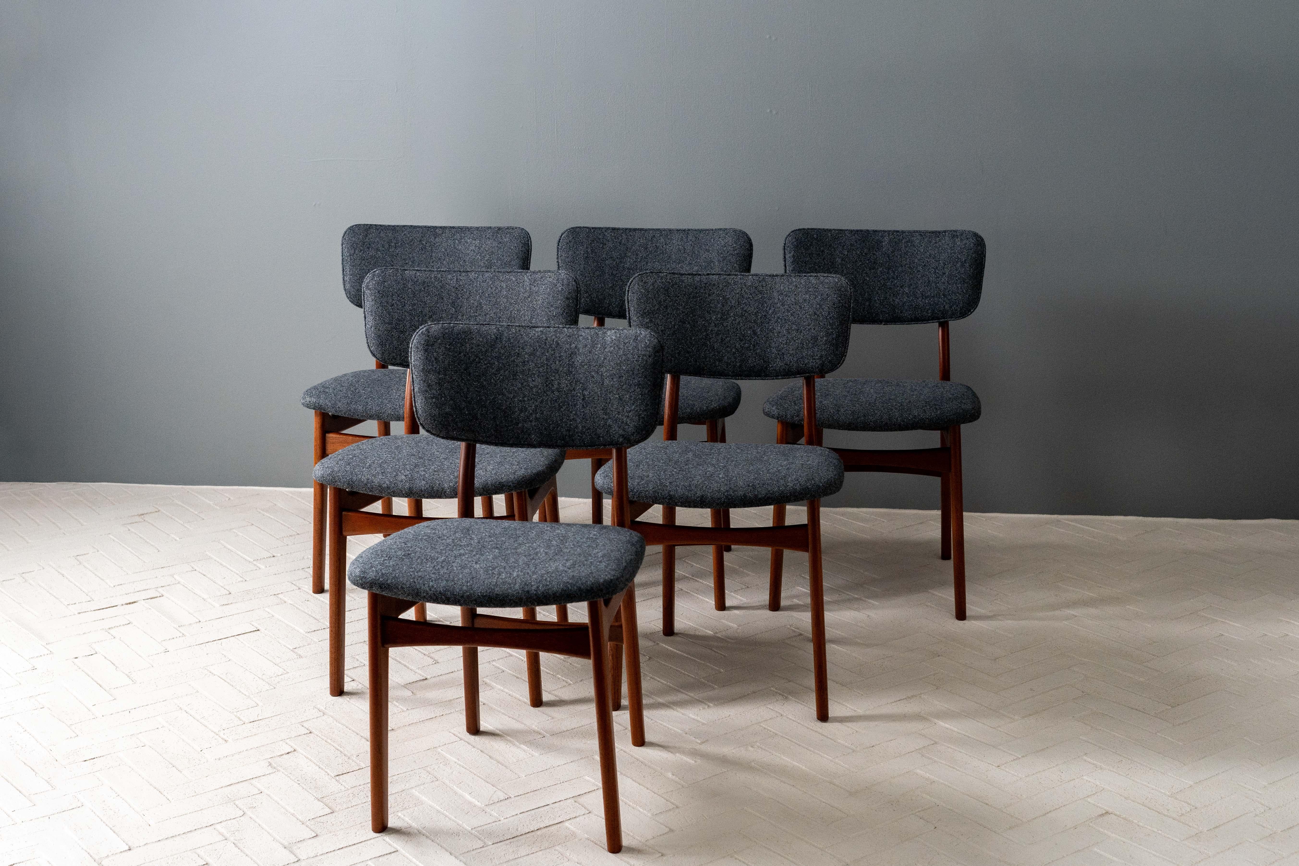 Denmark, ca. 1950s. A stunning set of six dining chairs attributed to P. Vodder for Niels Vodder. Each features solid teak frames with thoughtful construction that suggests these are most likely the work of a cabinetmaker - versus more standard