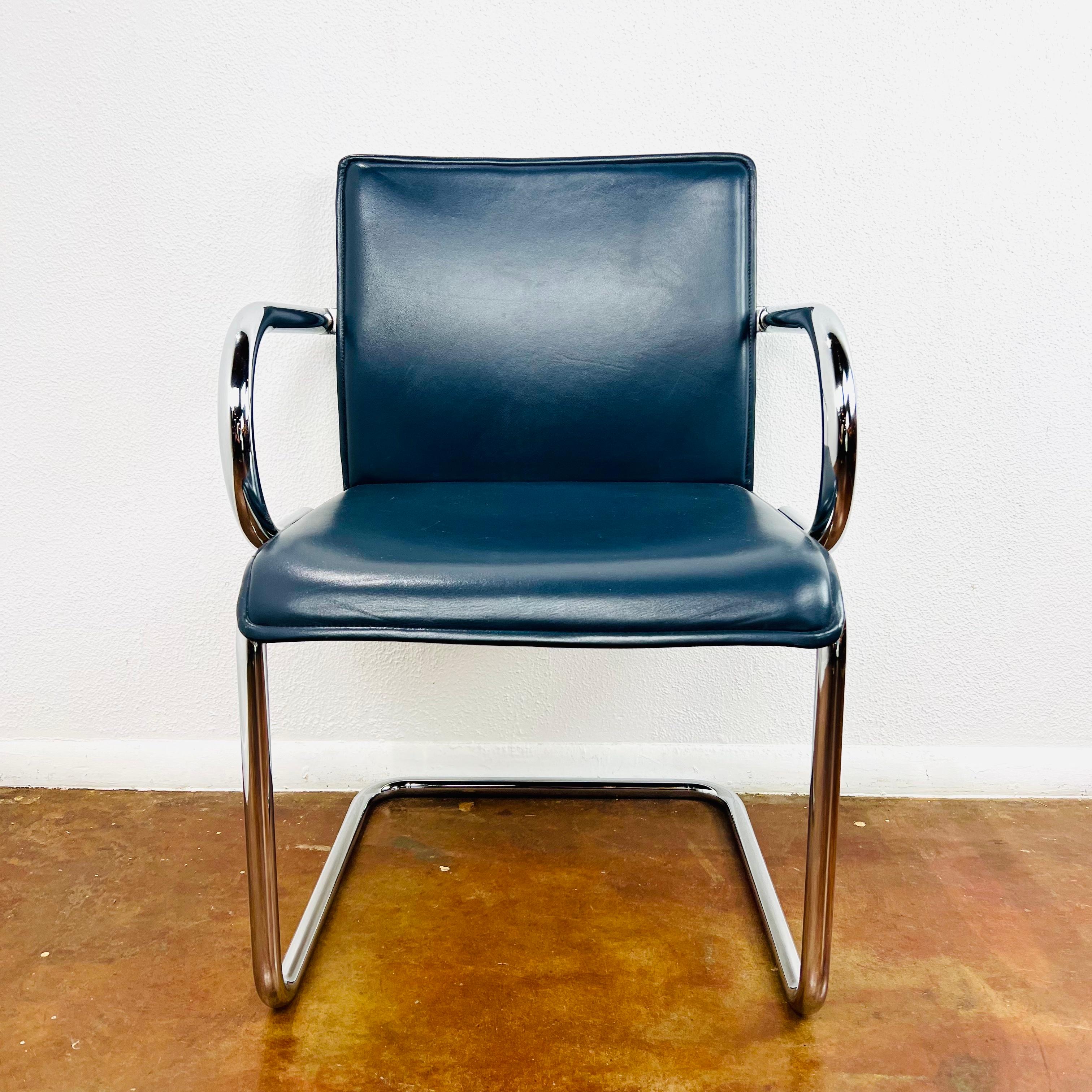 Vintage set of 6 Nienkamper chrome cantilever dining chairs in the style of Bruno Mathsson. Good condition with some minor wear to original leather. Chrome in good condition.