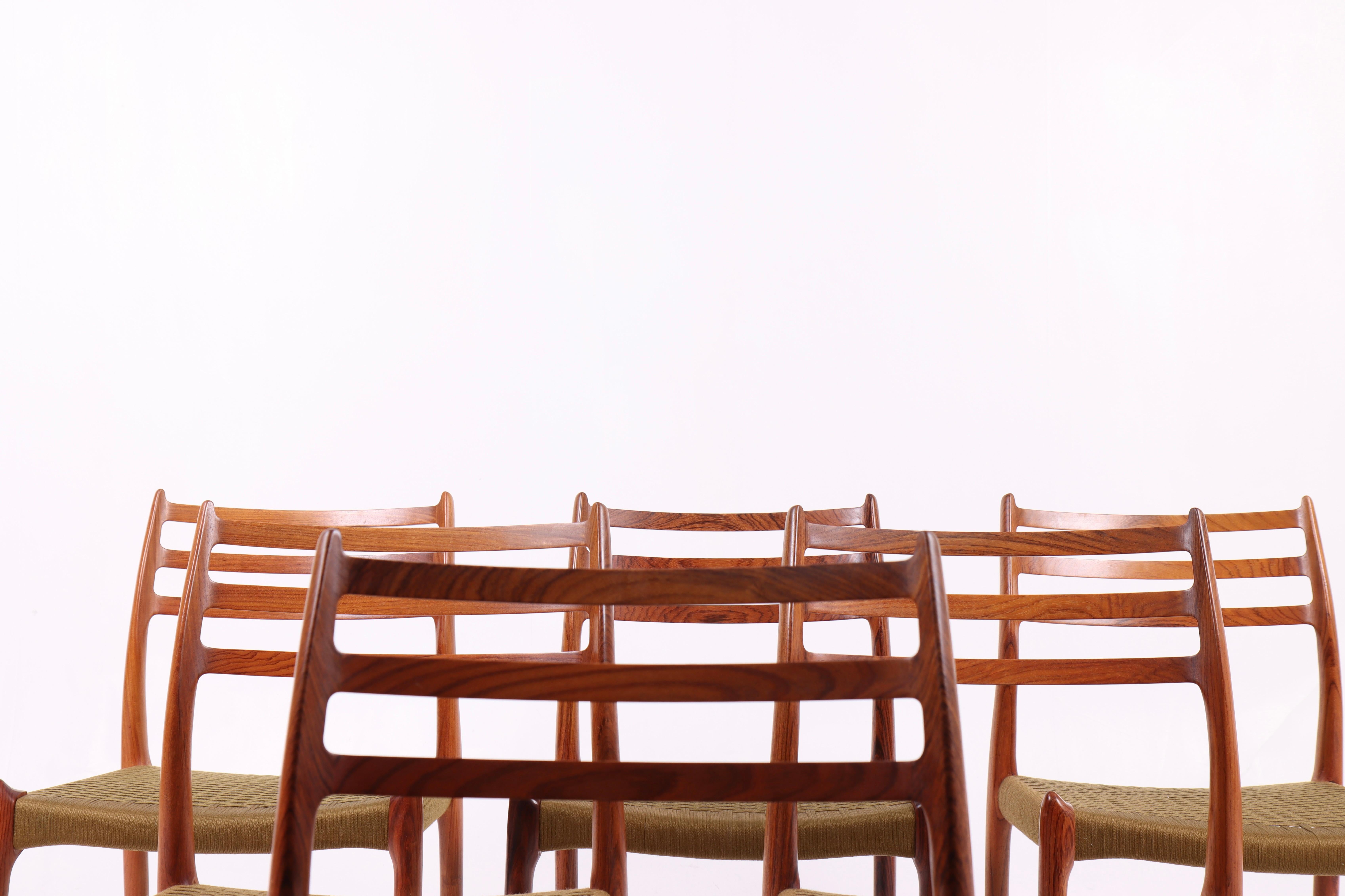 Mid-20th Century Set of 6 N.O. Møller Dining Chairs, Model 78 in Rosewood with Paper Cord. For Sale