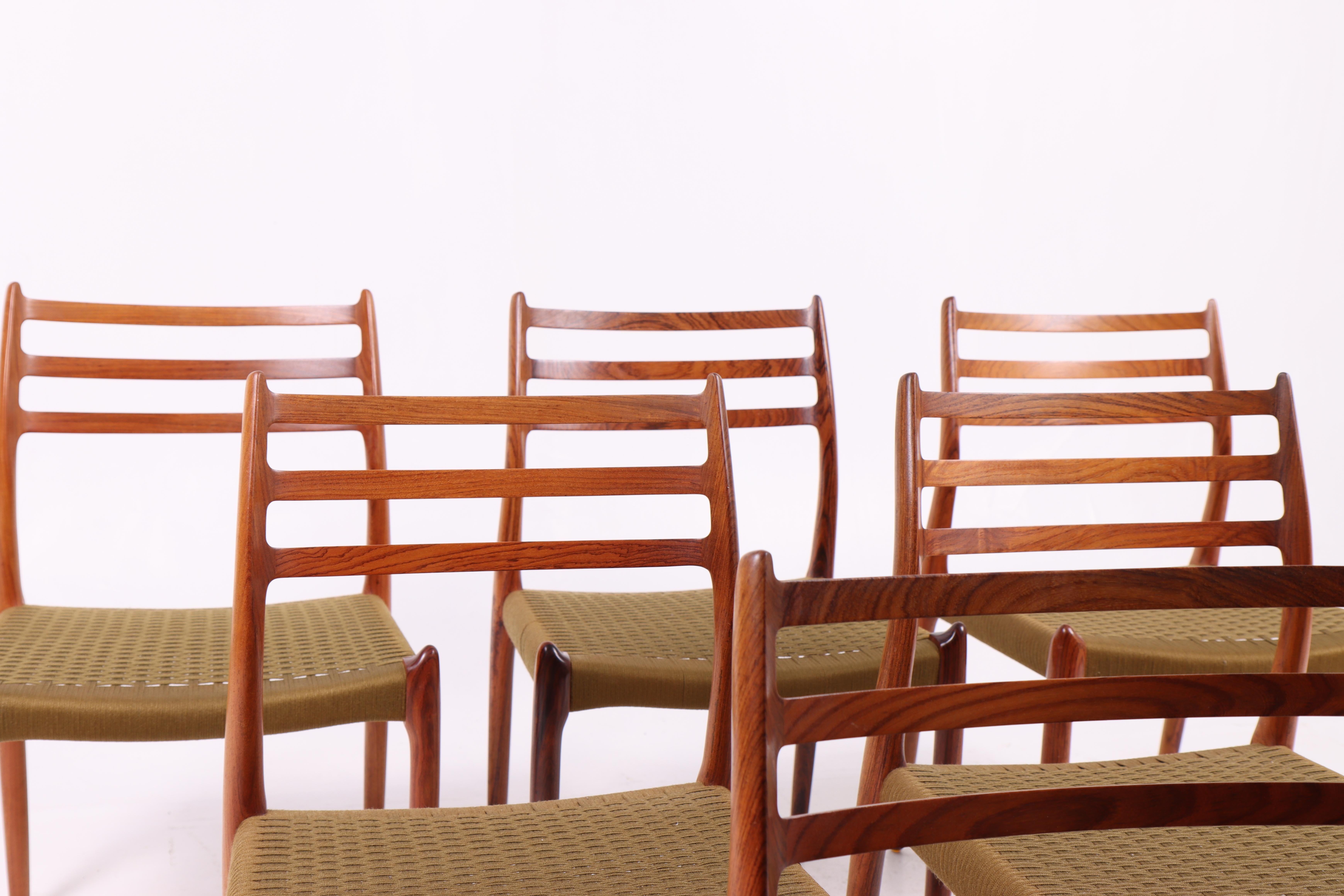 Set of 6 N.O. Møller Dining Chairs, Model 78 in Rosewood with Paper Cord. For Sale 1
