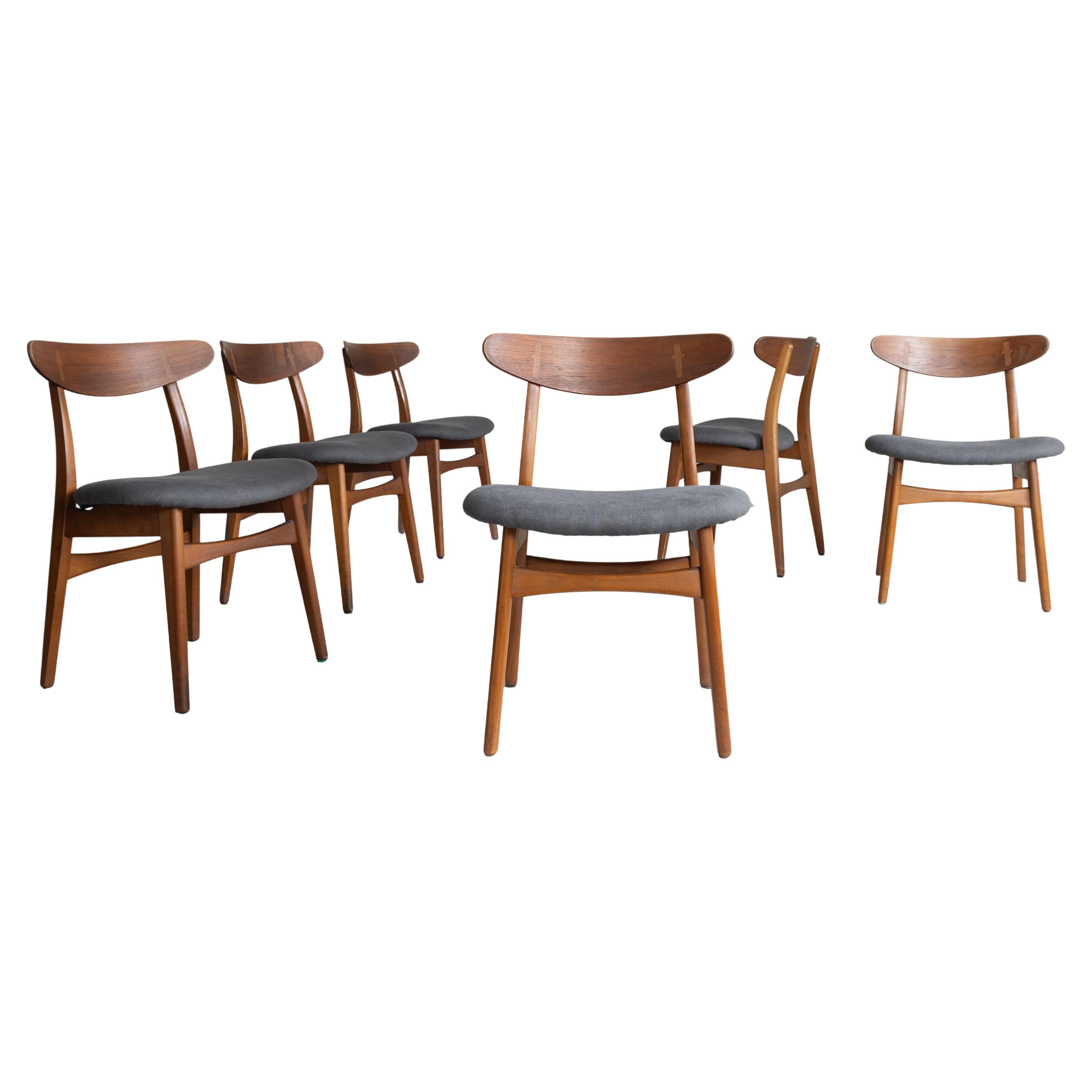 Satz von 6 nordischen Stühlen in grauem Stoff, Hans J. Wegner, 1960