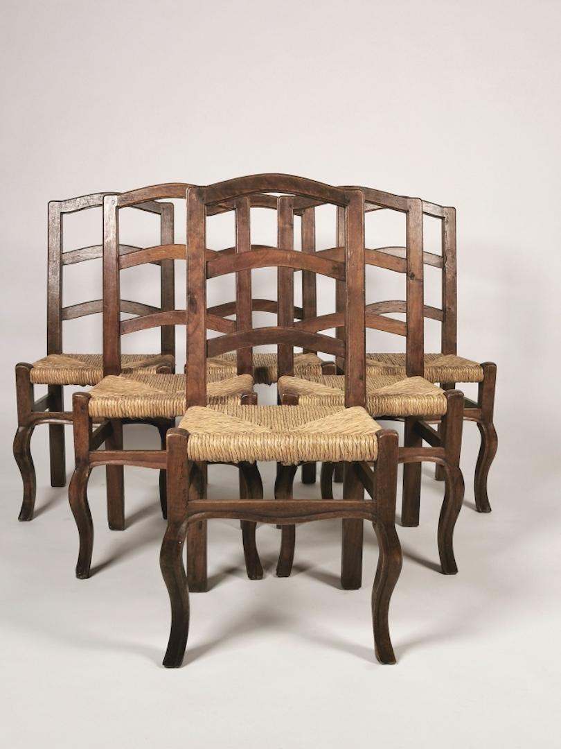 Rustic Set of 6 North Italian Walnut & Rush Dining Chairs, 19th Century