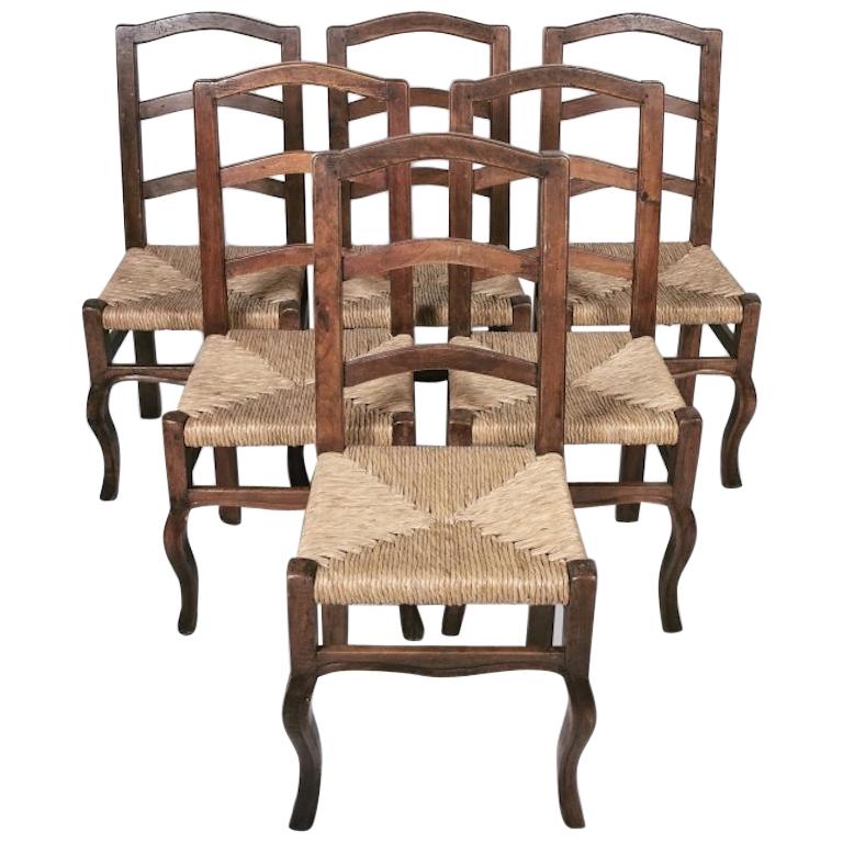 Set of 6 North Italian Walnut & Rush Dining Chairs, 19th Century