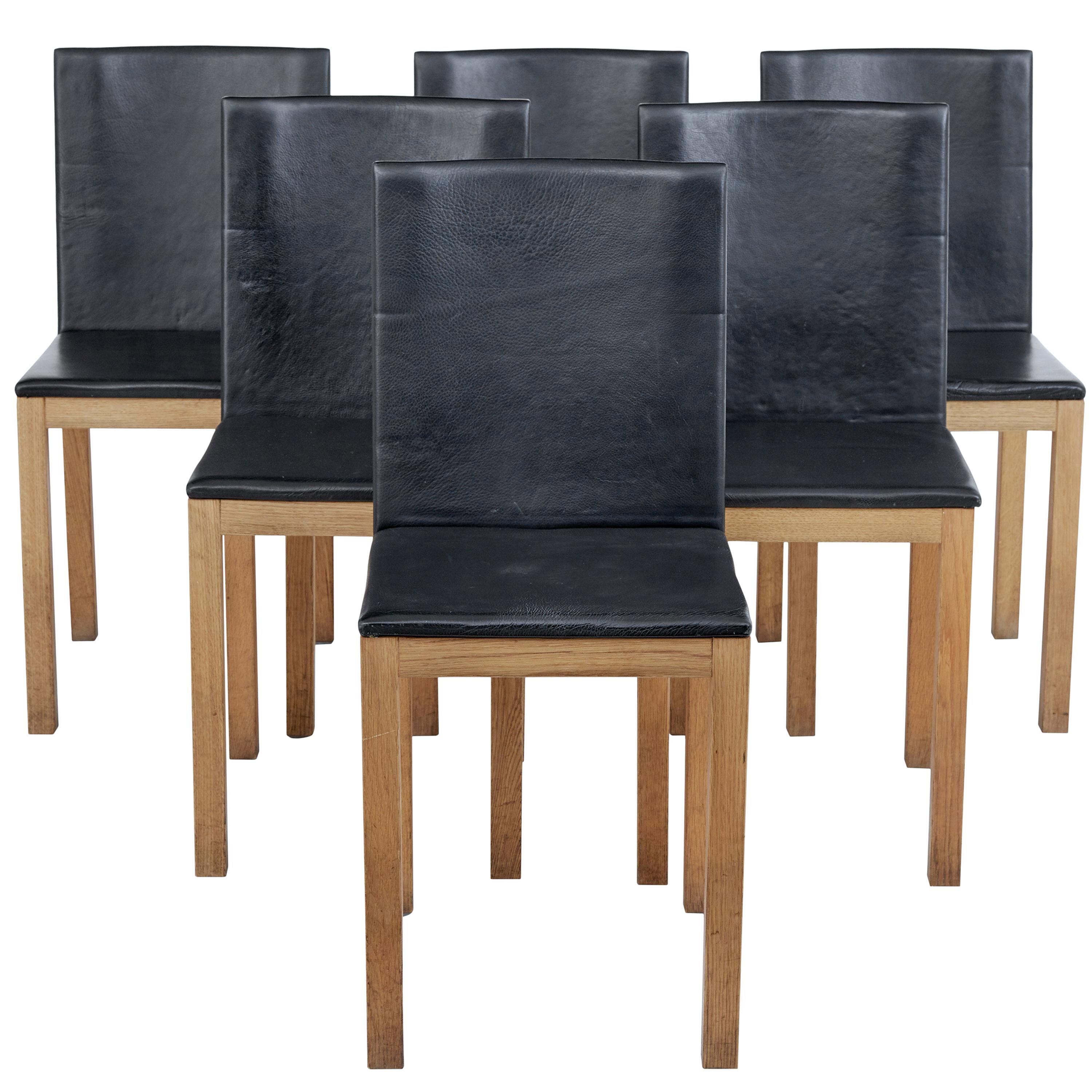 Set of 6 Oak and Leather Scandinavian Dining Chairs by Gemla