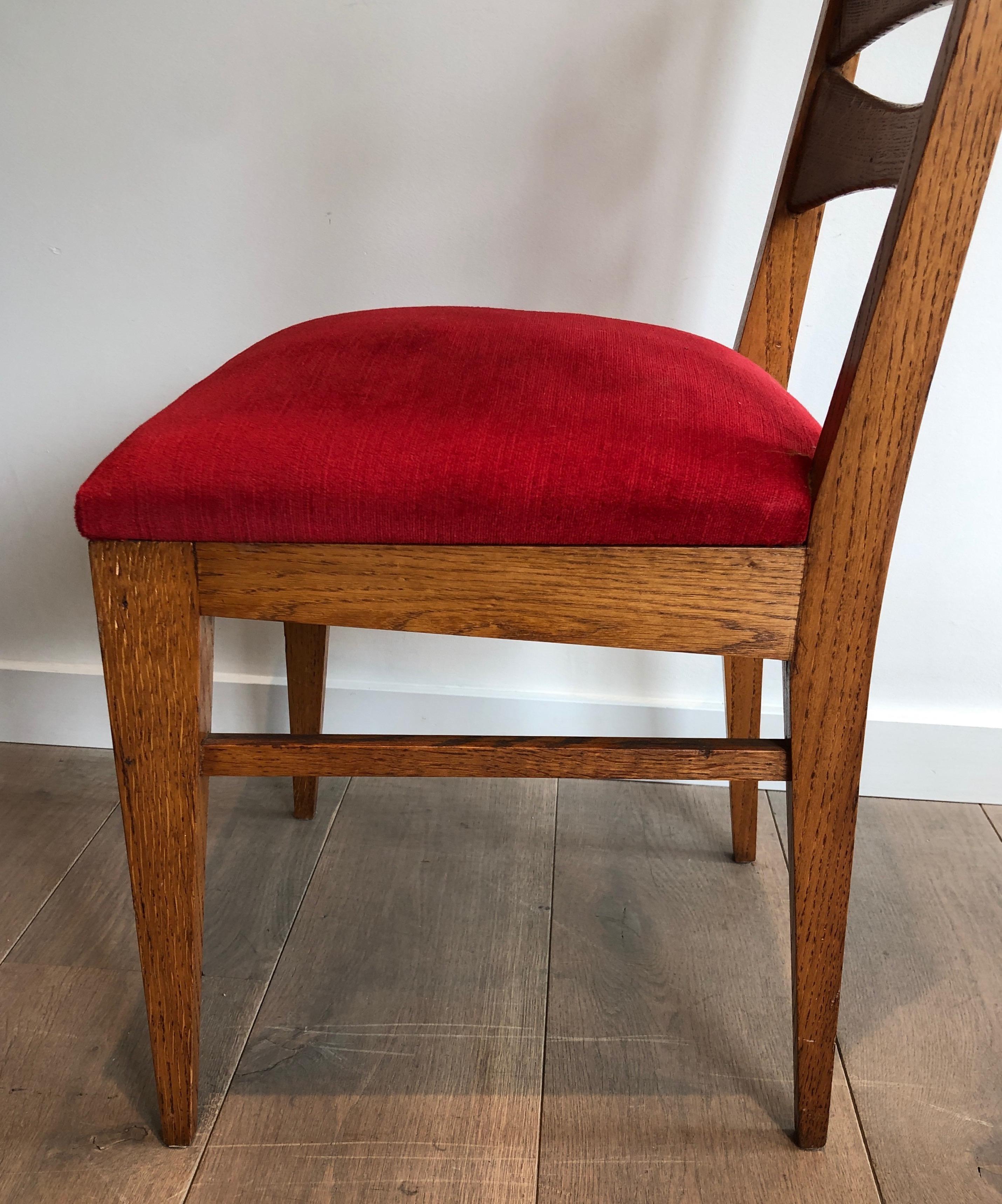Set of 6 Oak and Red Velvet Chairs. French Work, Circa 1950 For Sale 5