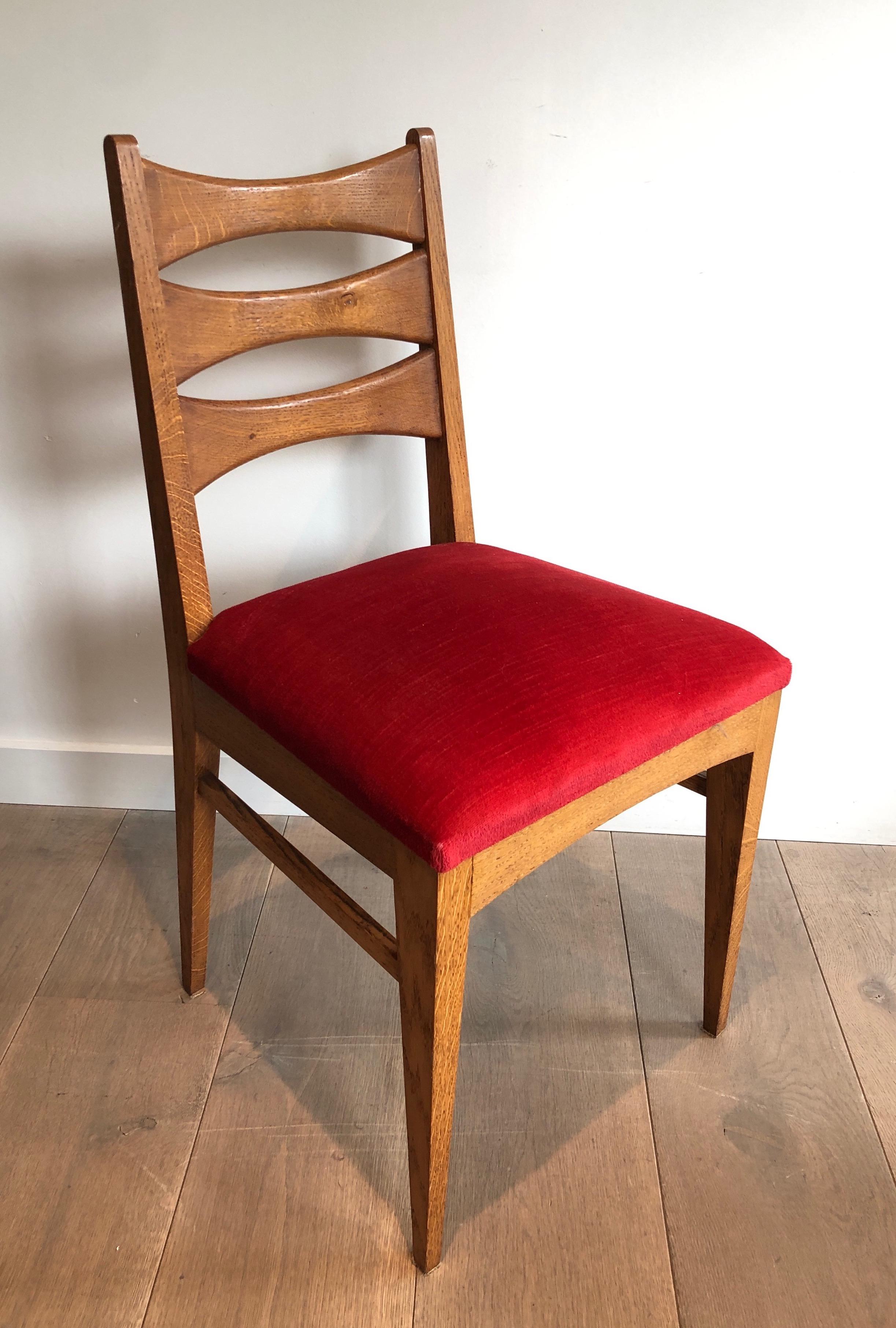 Set of 6 Oak and Red Velvet Chairs. French Work, Circa 1950 For Sale 6