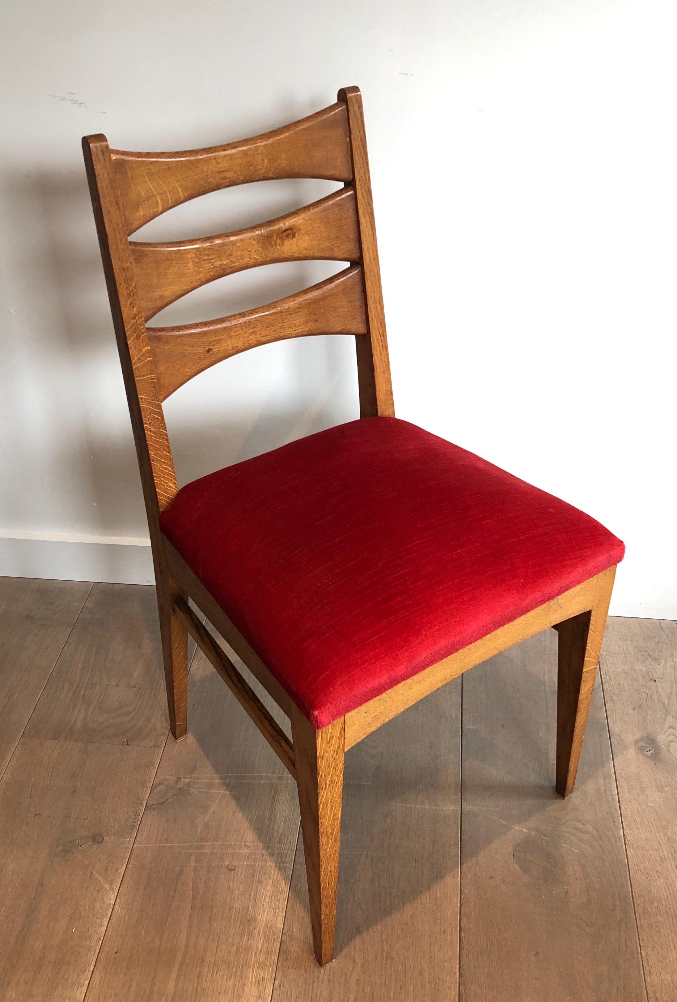 Set of 6 Oak and Red Velvet Chairs. French Work, Circa 1950 For Sale 7