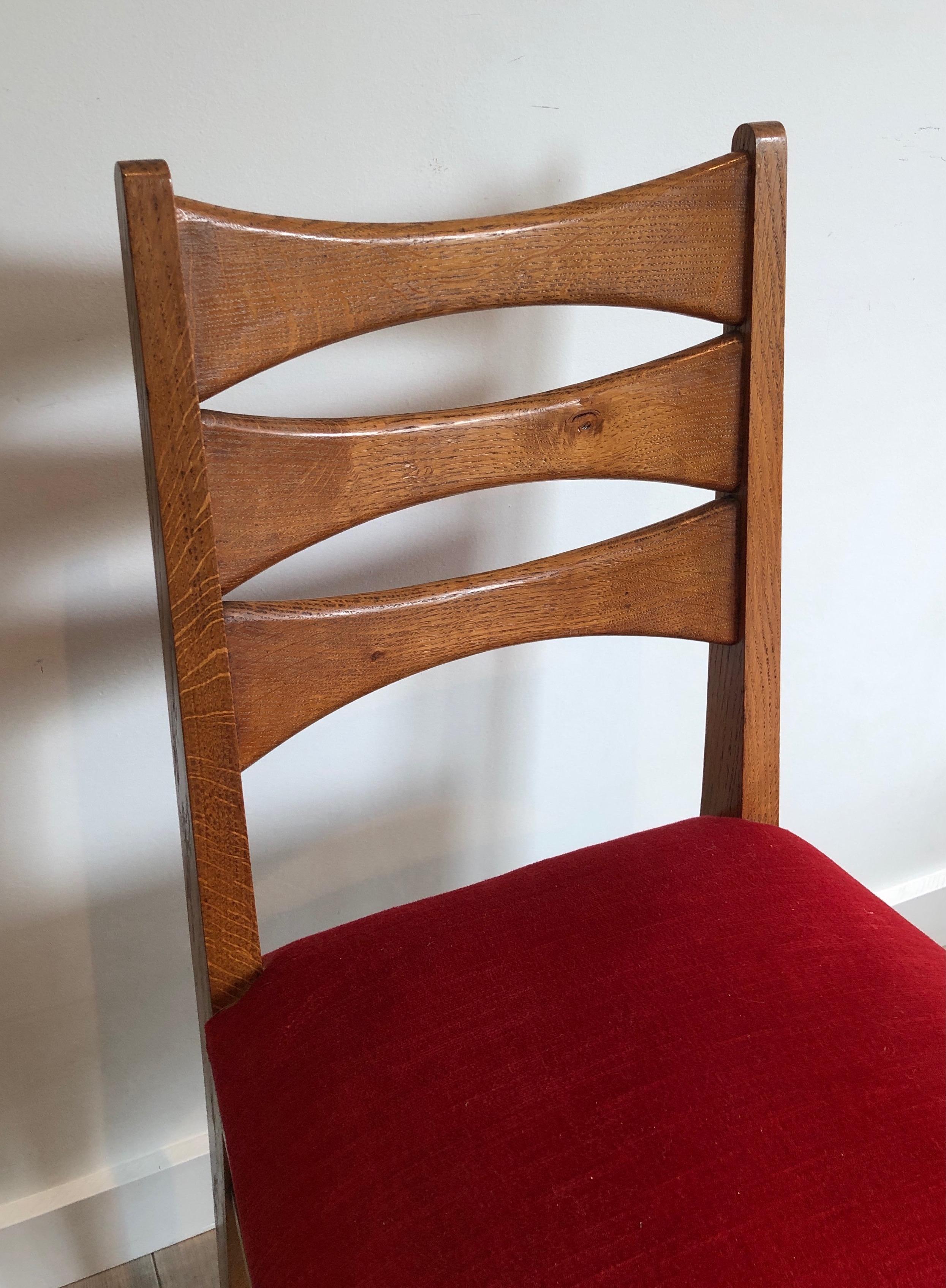 Set of 6 Oak and Red Velvet Chairs. French Work, Circa 1950 For Sale 8