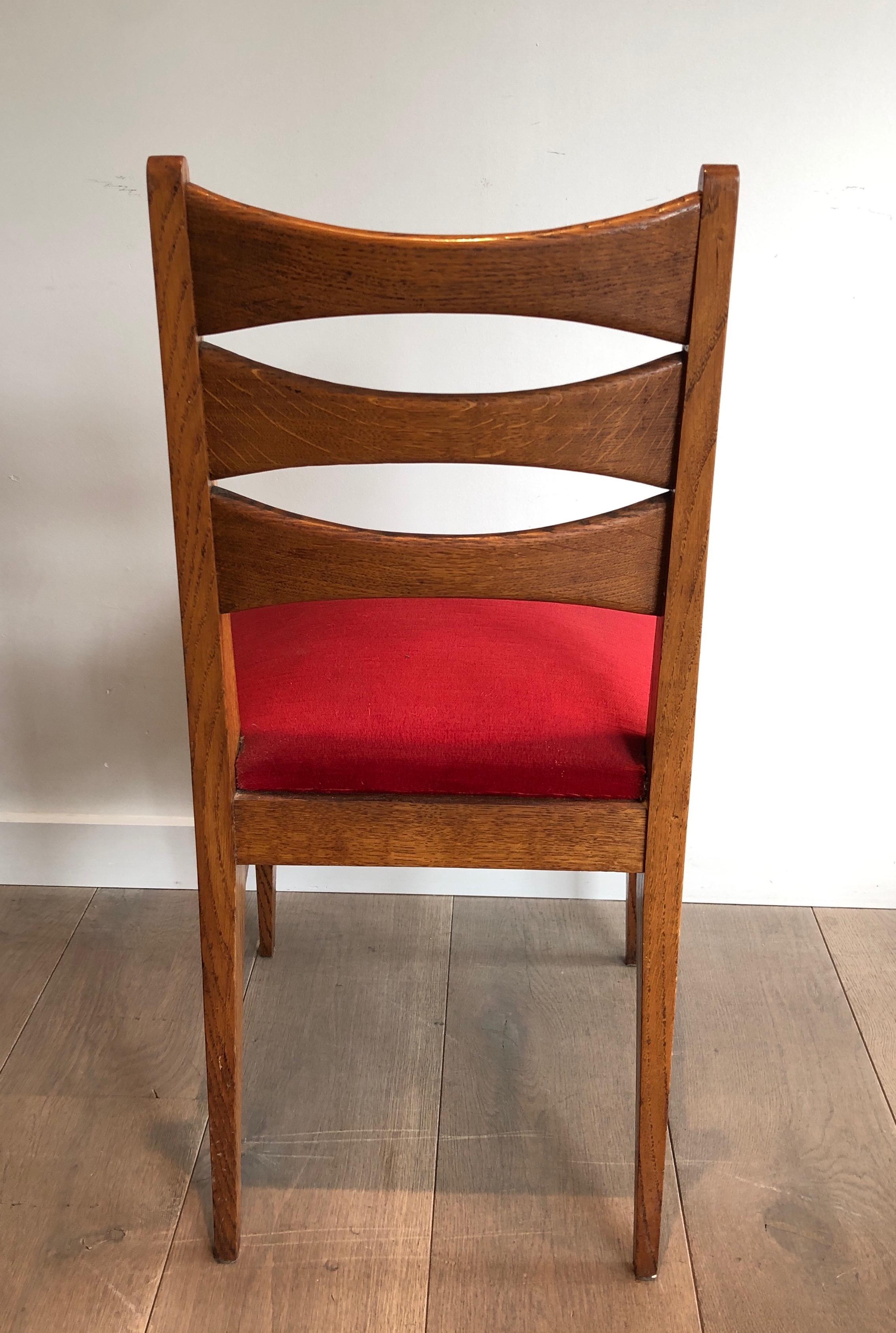 Set of 6 Oak and Red Velvet Chairs. French Work, Circa 1950 For Sale 9
