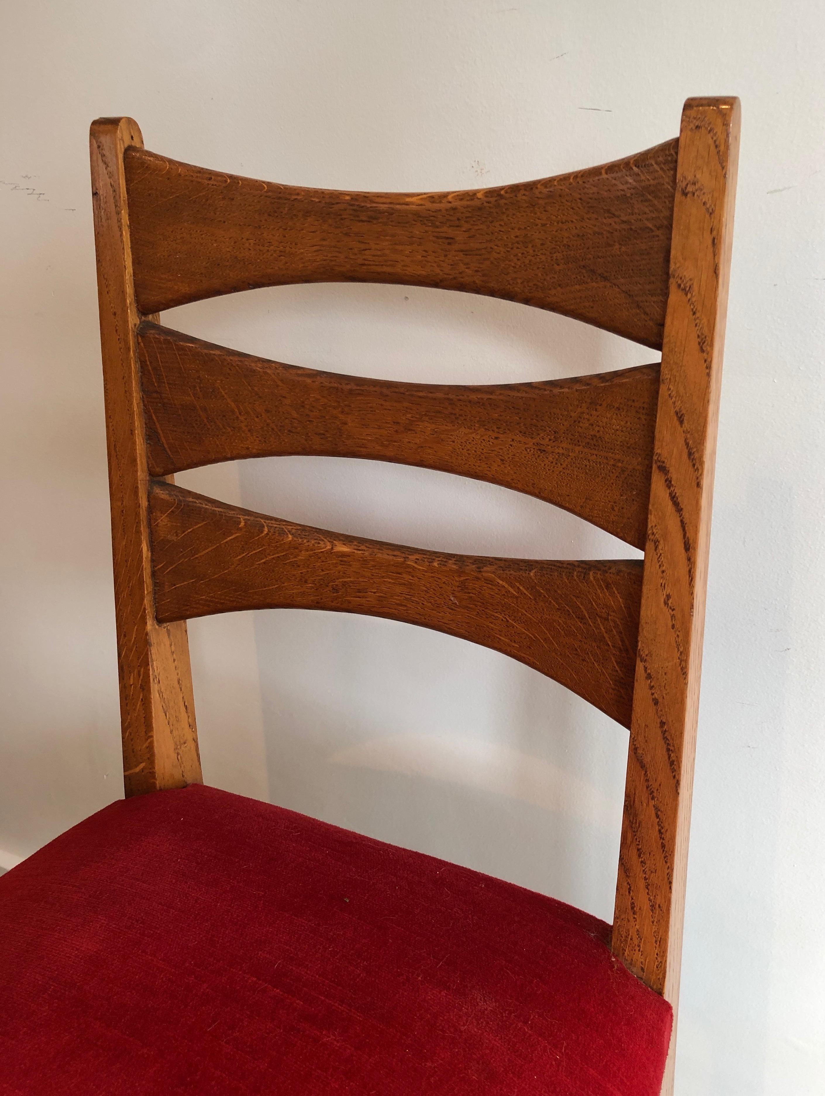 Set of 6 Oak and Red Velvet Chairs. French Work, Circa 1950 For Sale 11