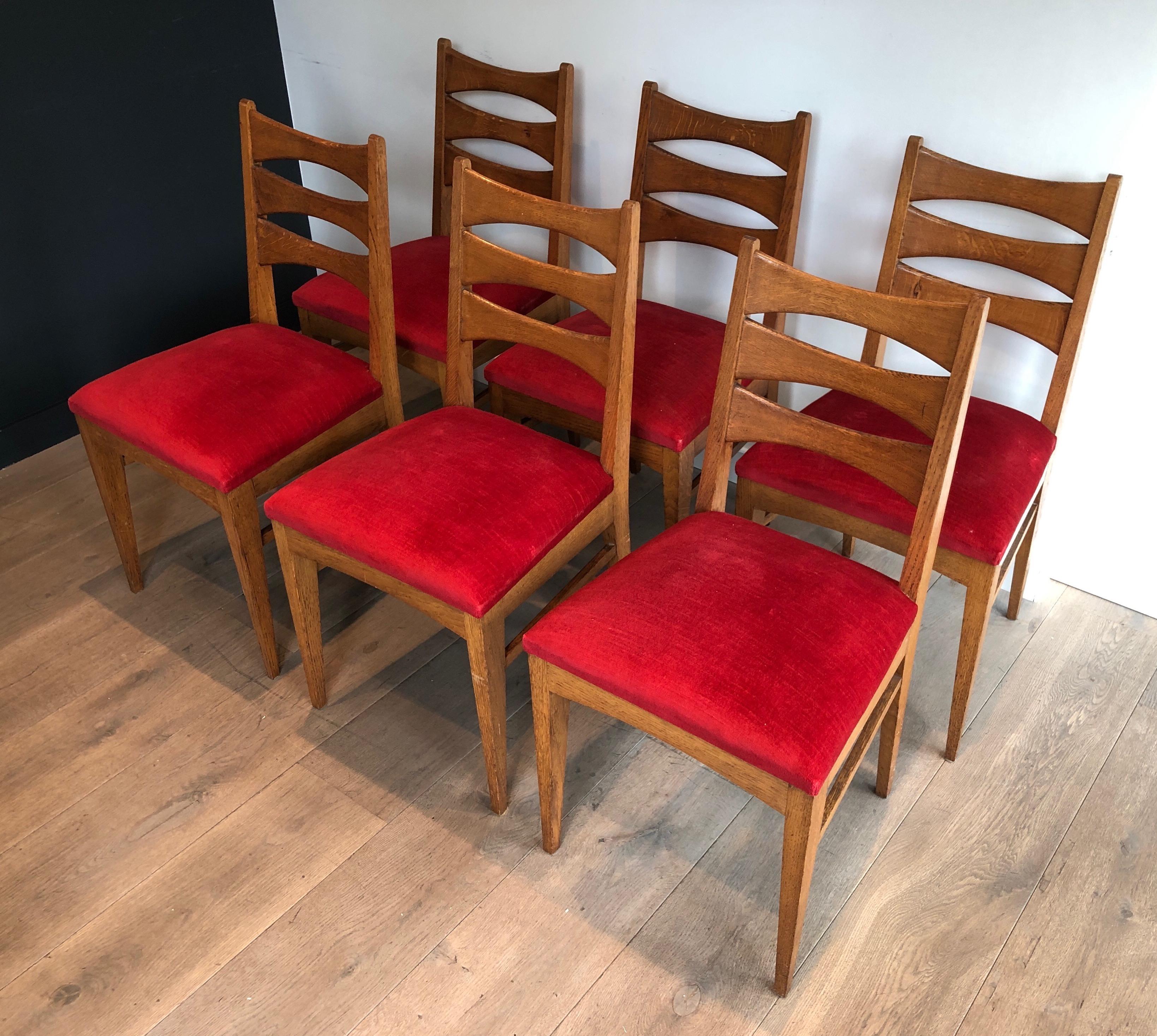 Set of 6 Oak and Red Velvet Chairs. French Work, Circa 1950 For Sale 12