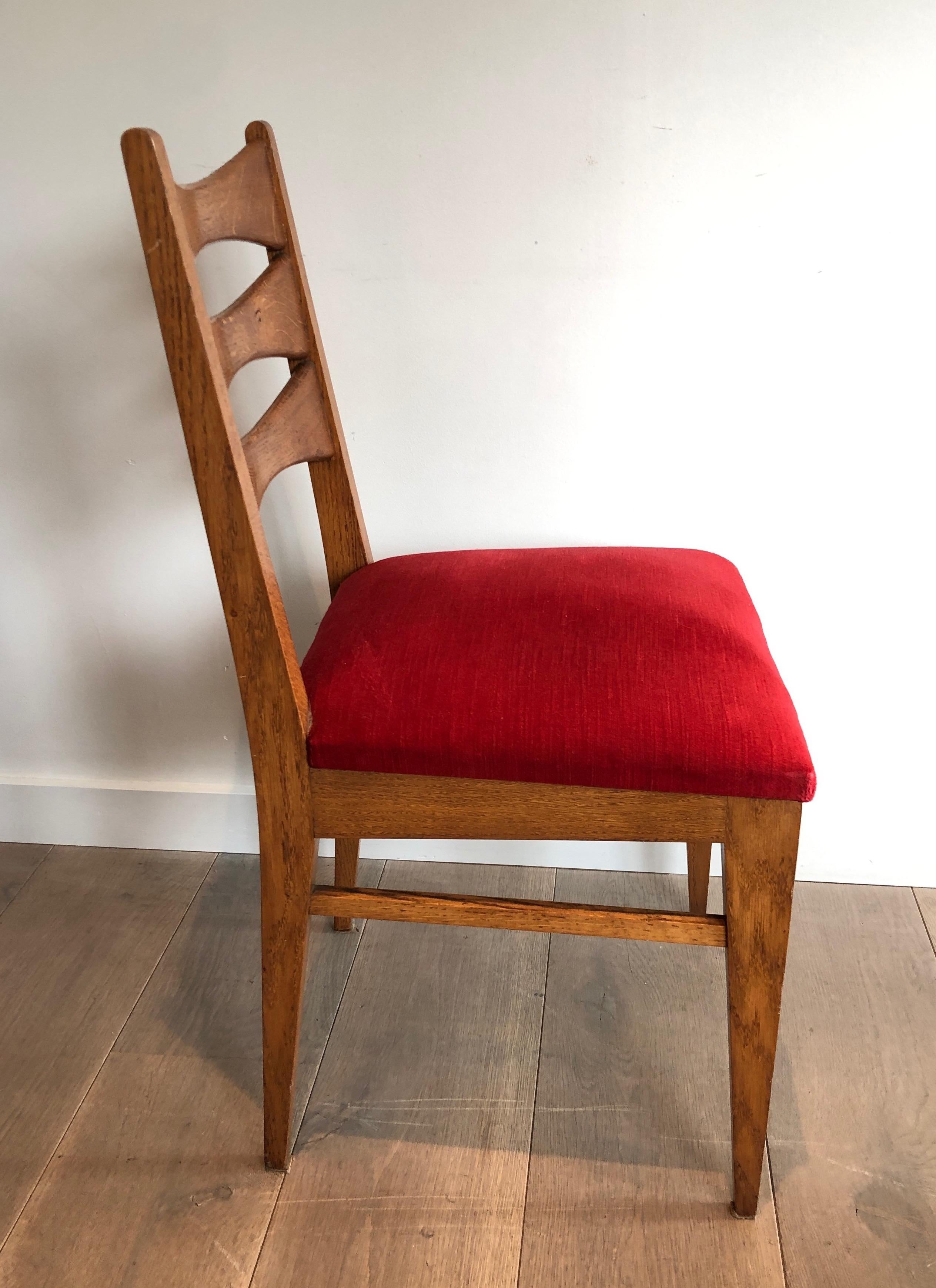 Mid-Century Modern Set of 6 Oak and Red Velvet Chairs. French Work, Circa 1950 For Sale