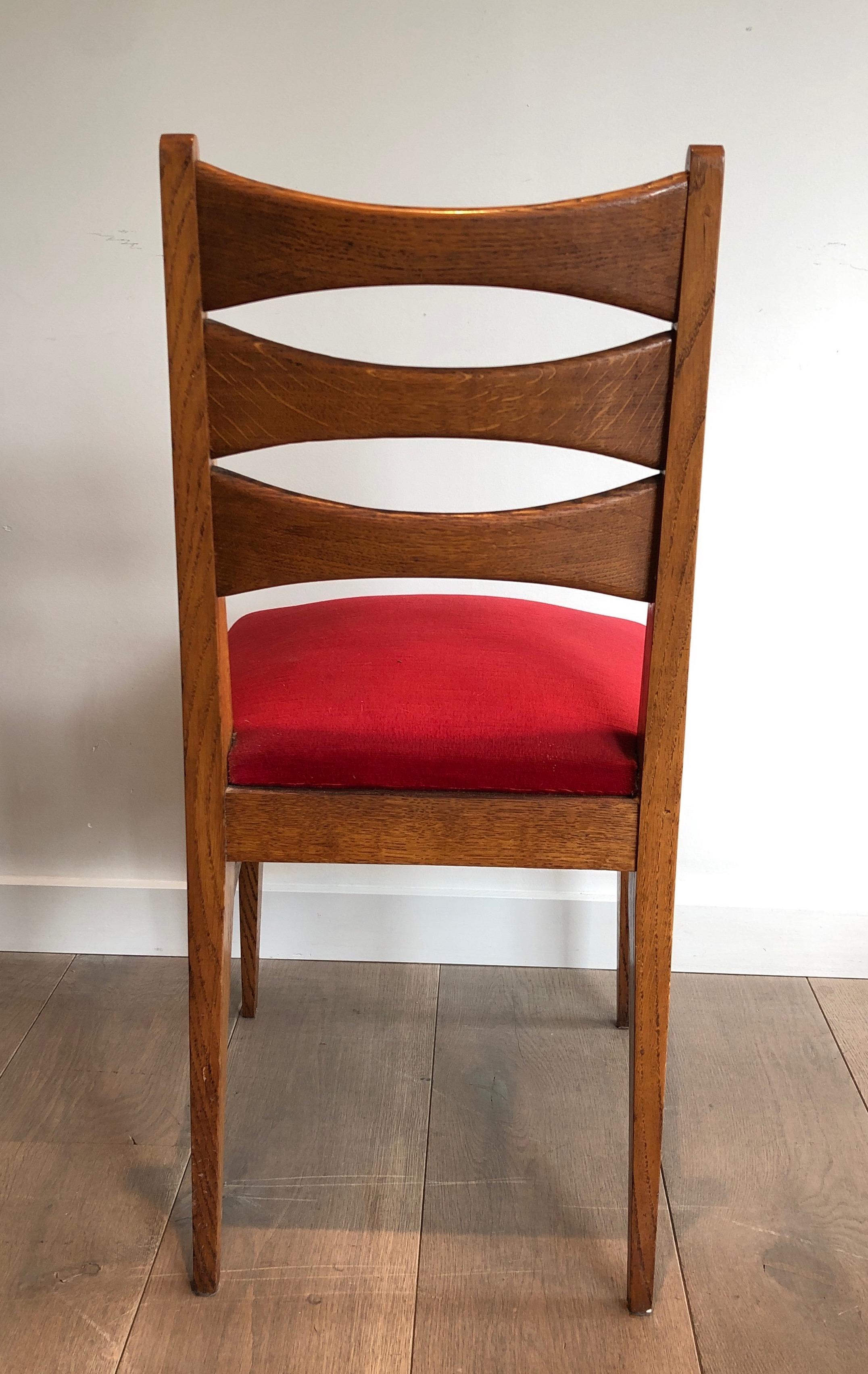 Mid-20th Century Set of 6 Oak and Red Velvet Chairs. French Work, Circa 1950 For Sale