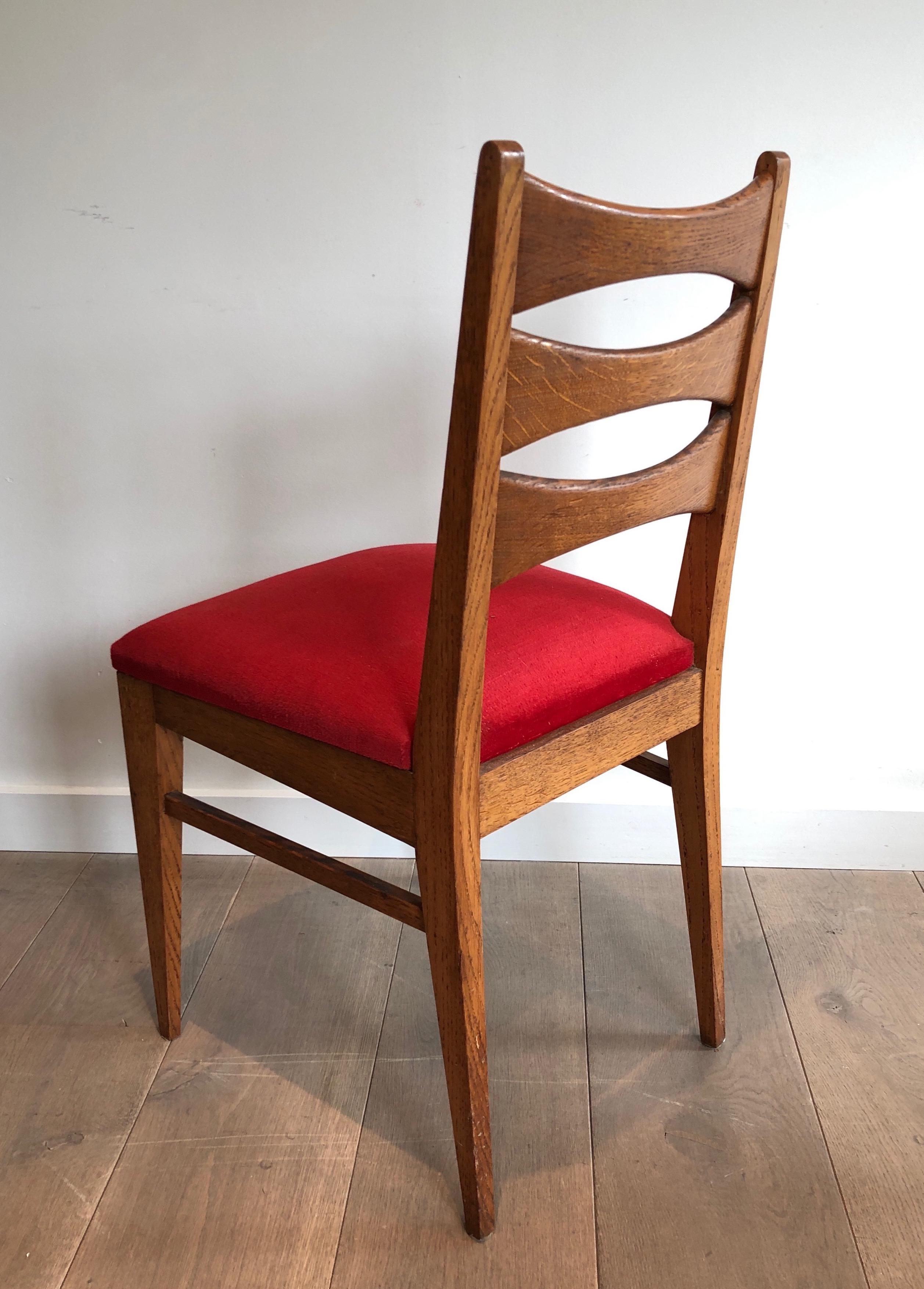 Set of 6 Oak and Red Velvet Chairs. French Work, Circa 1950 For Sale 1