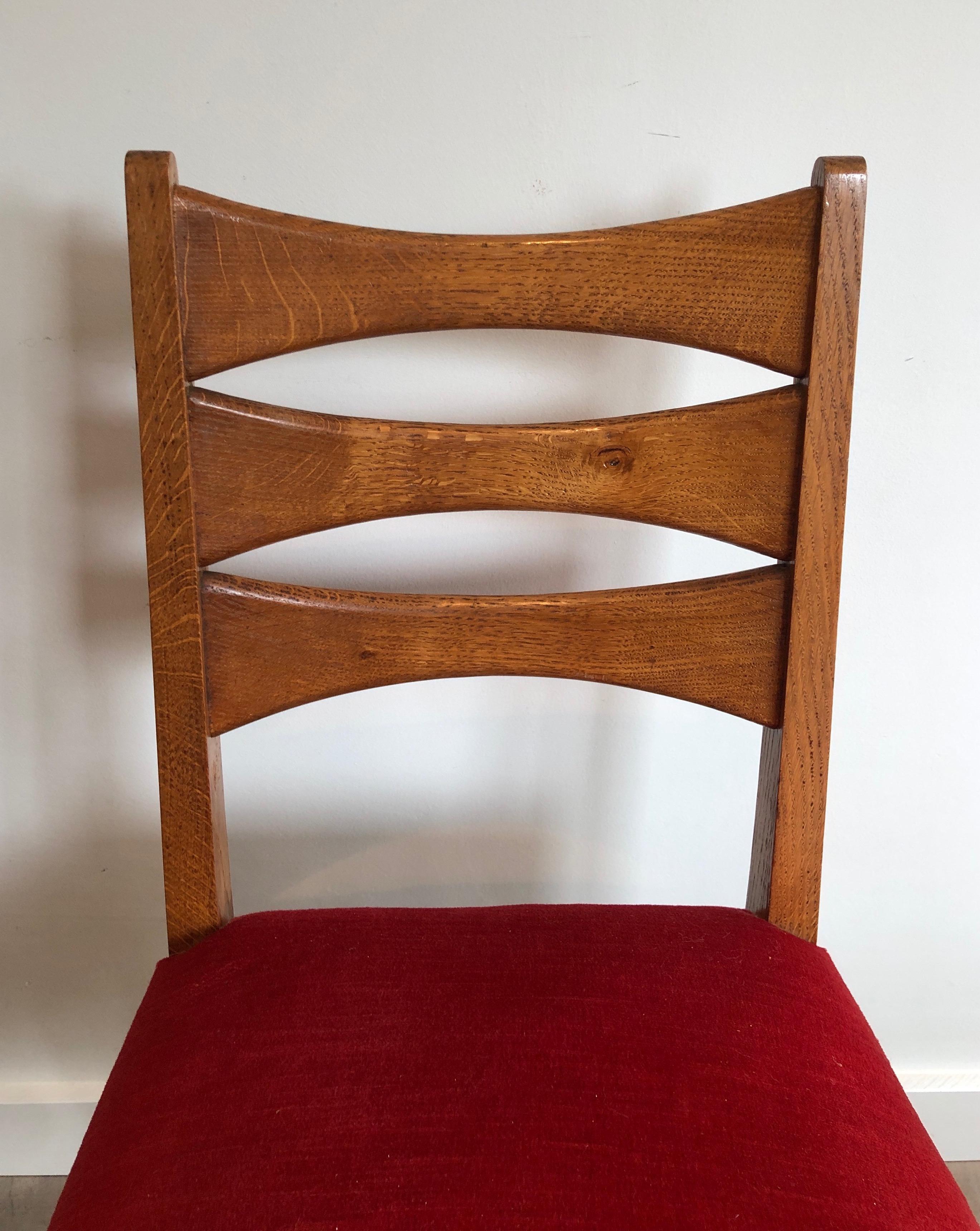Set of 6 Oak and Red Velvet Chairs. French Work, Circa 1950 For Sale 2