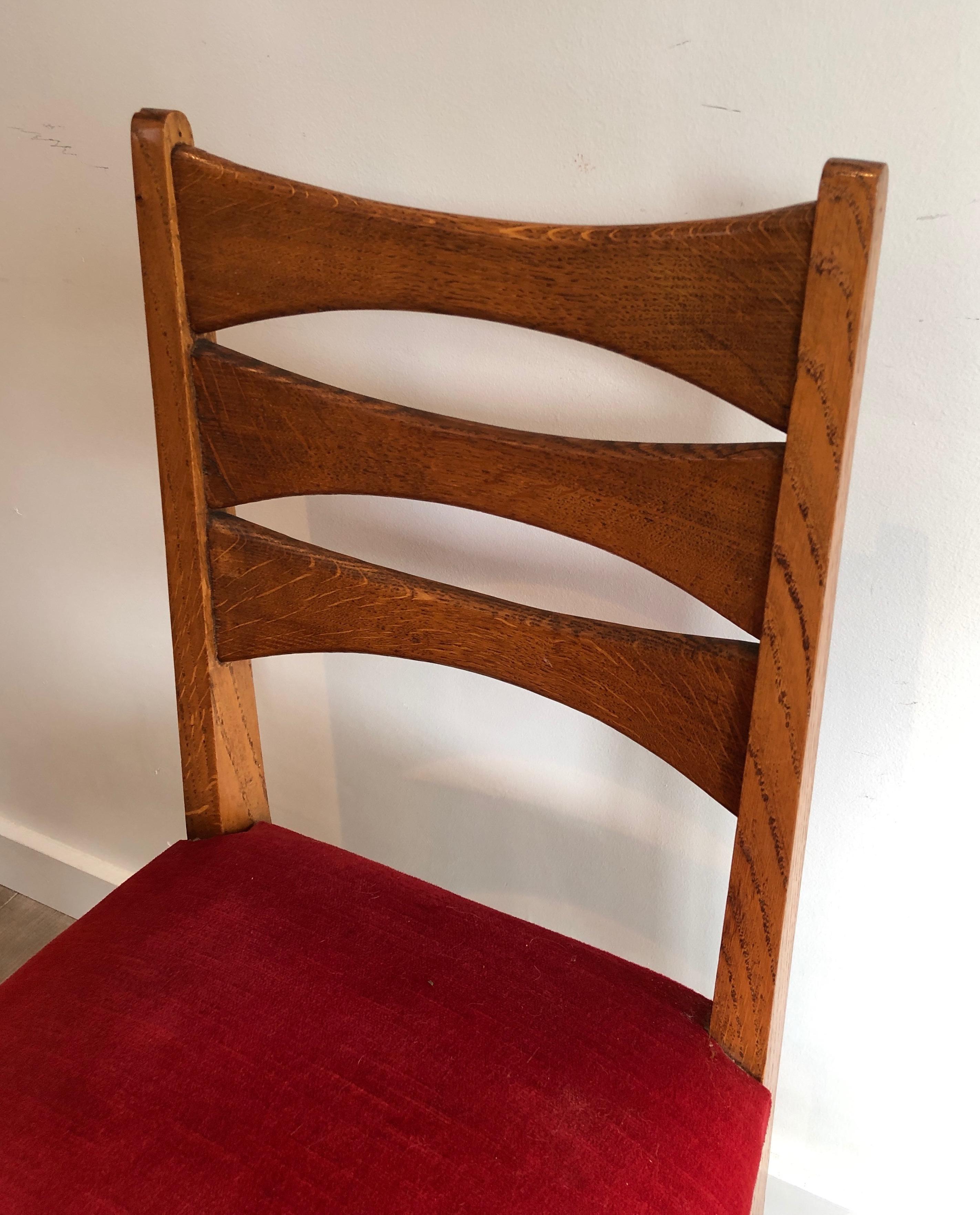 Set of 6 Oak and Red Velvet Chairs. French Work, Circa 1950 For Sale 3