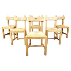 Set of 6 Oak and wicker brutalist dining chairs, 1960s