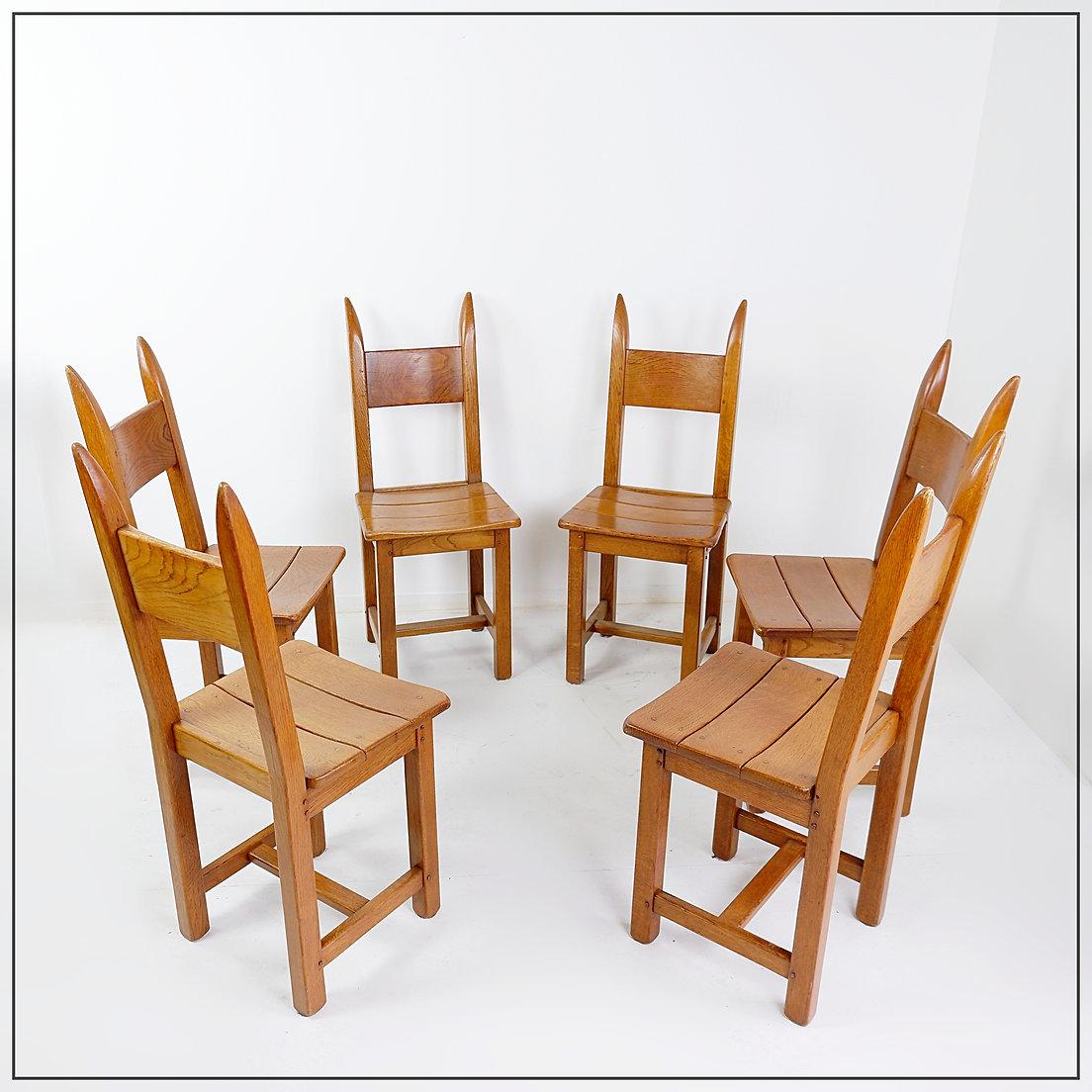 Set of 6 Oak Brutalist Chairs - 1970s For Sale 7