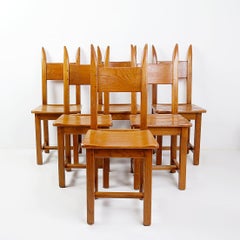 Set of Six Vintage Oak Brutalist Chairs from the 1970s