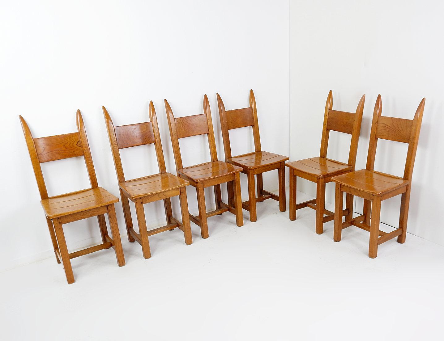 Set of 6 Oak Brutalist Chairs - 1970s For Sale 2