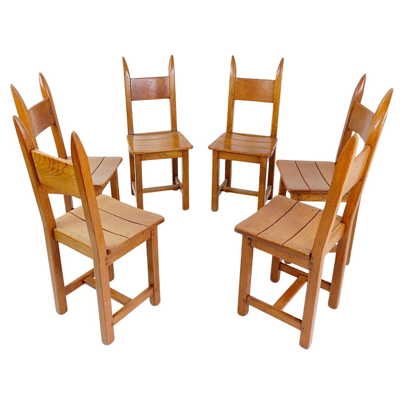 Set of 6 Oak Brutalist Chairs - 1970s
