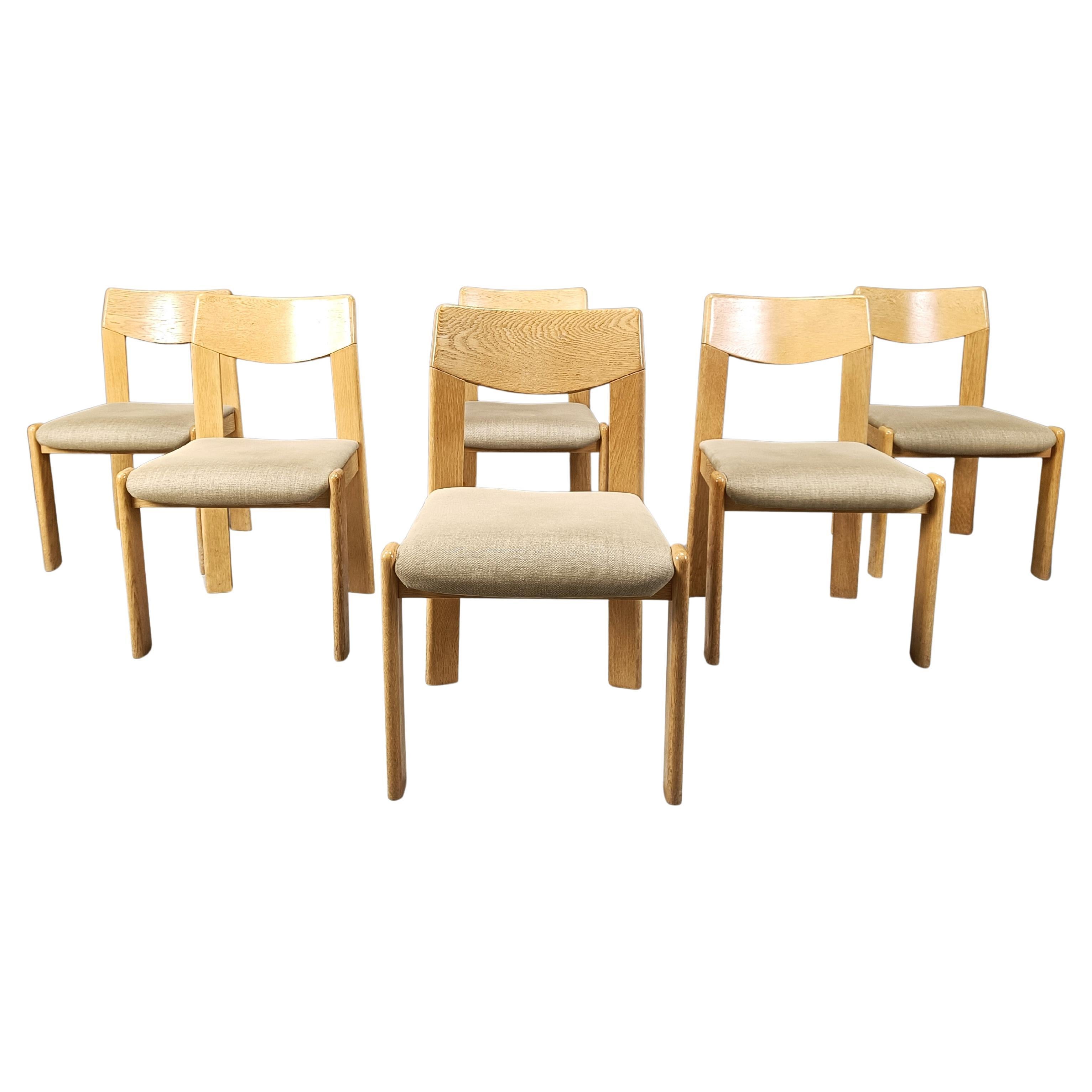 Set of 6 oak brutalist dining chairs, 1970s