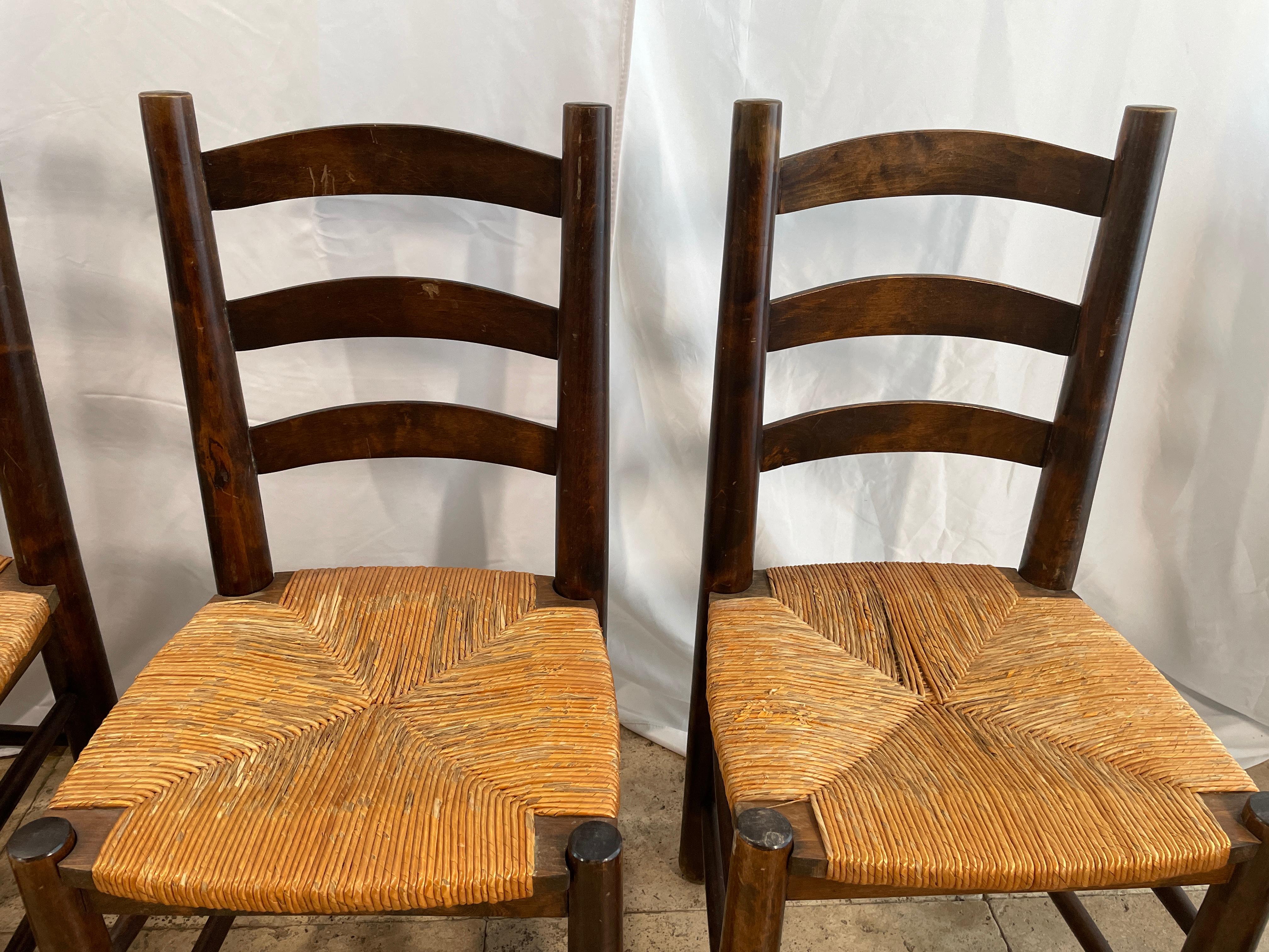 French Set of 6 Oak Chairs 1960 in  Charlotte Perriand Style