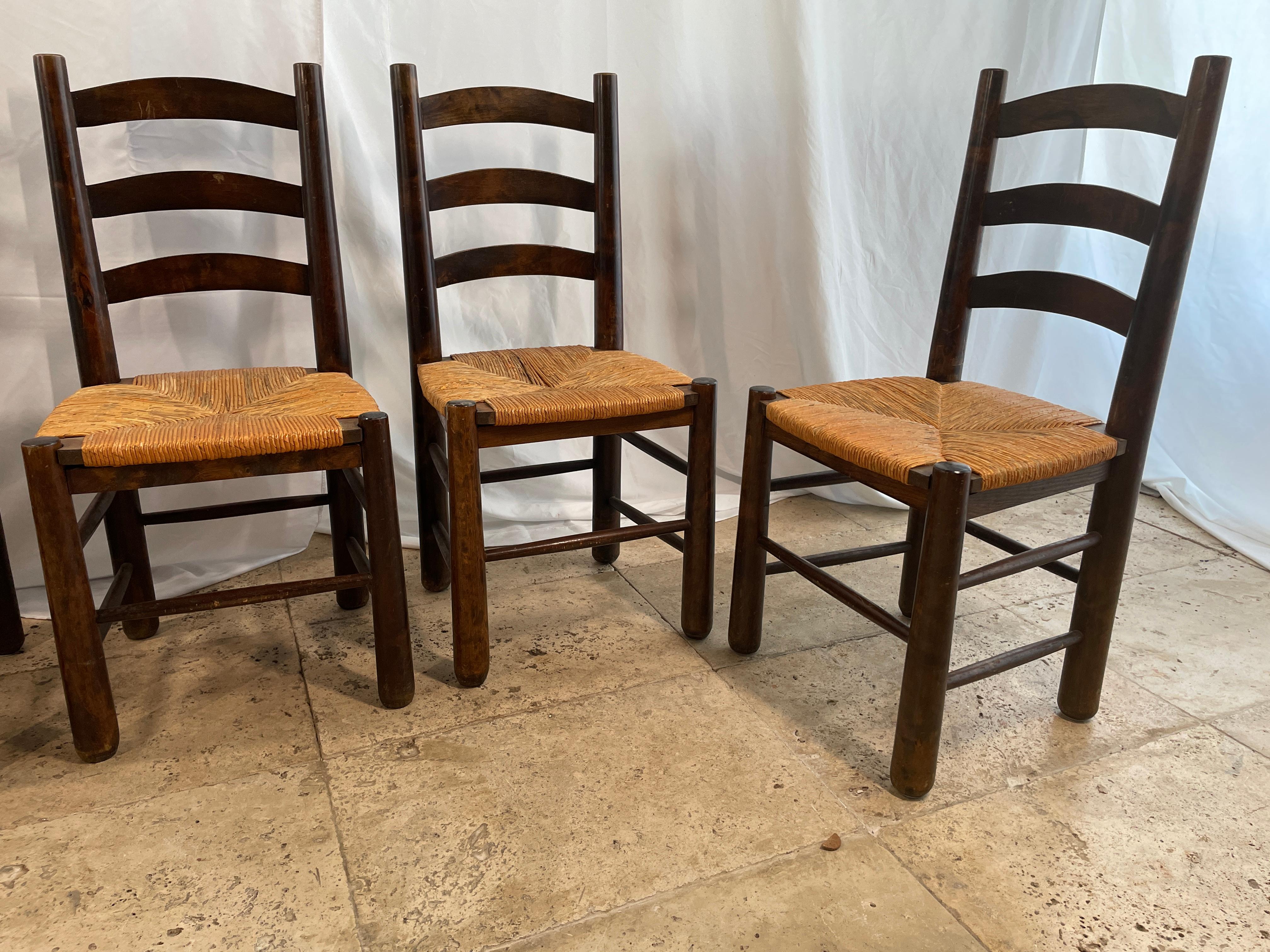 Straw Set of 6 Oak Chairs 1960 in  Charlotte Perriand Style