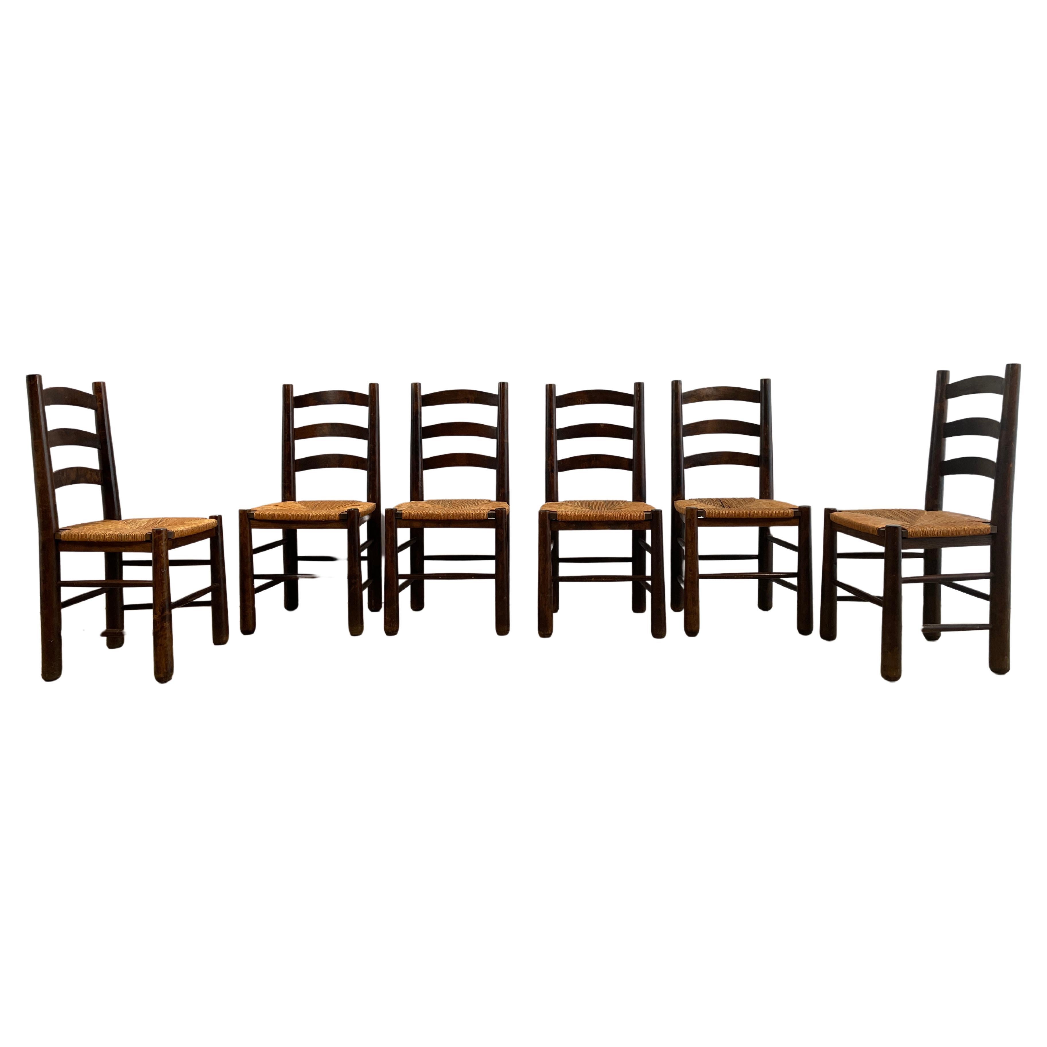 Set of 6 Oak Chairs 1960 in  Charlotte Perriand Style
