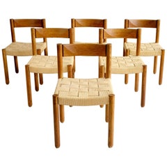 Set of 6 Oak Chairs, Corded Seating, 1960