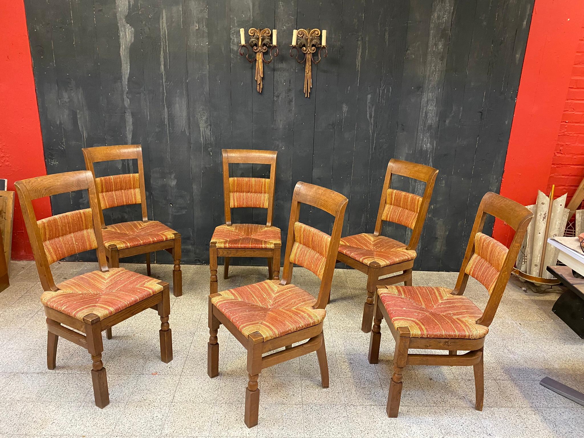 Set of 6 Oak Chairs with High Backs circa 1950, in the Style of Charles Dudouyt  For Sale 7
