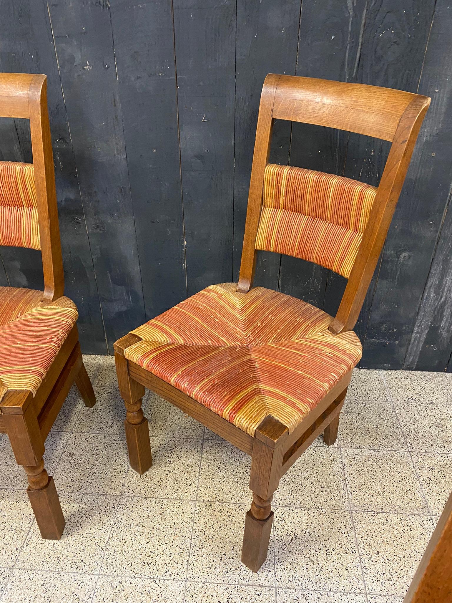 Set of 6 Oak Chairs with High Backs circa 1950, in the Style of Charles Dudouyt  For Sale 11