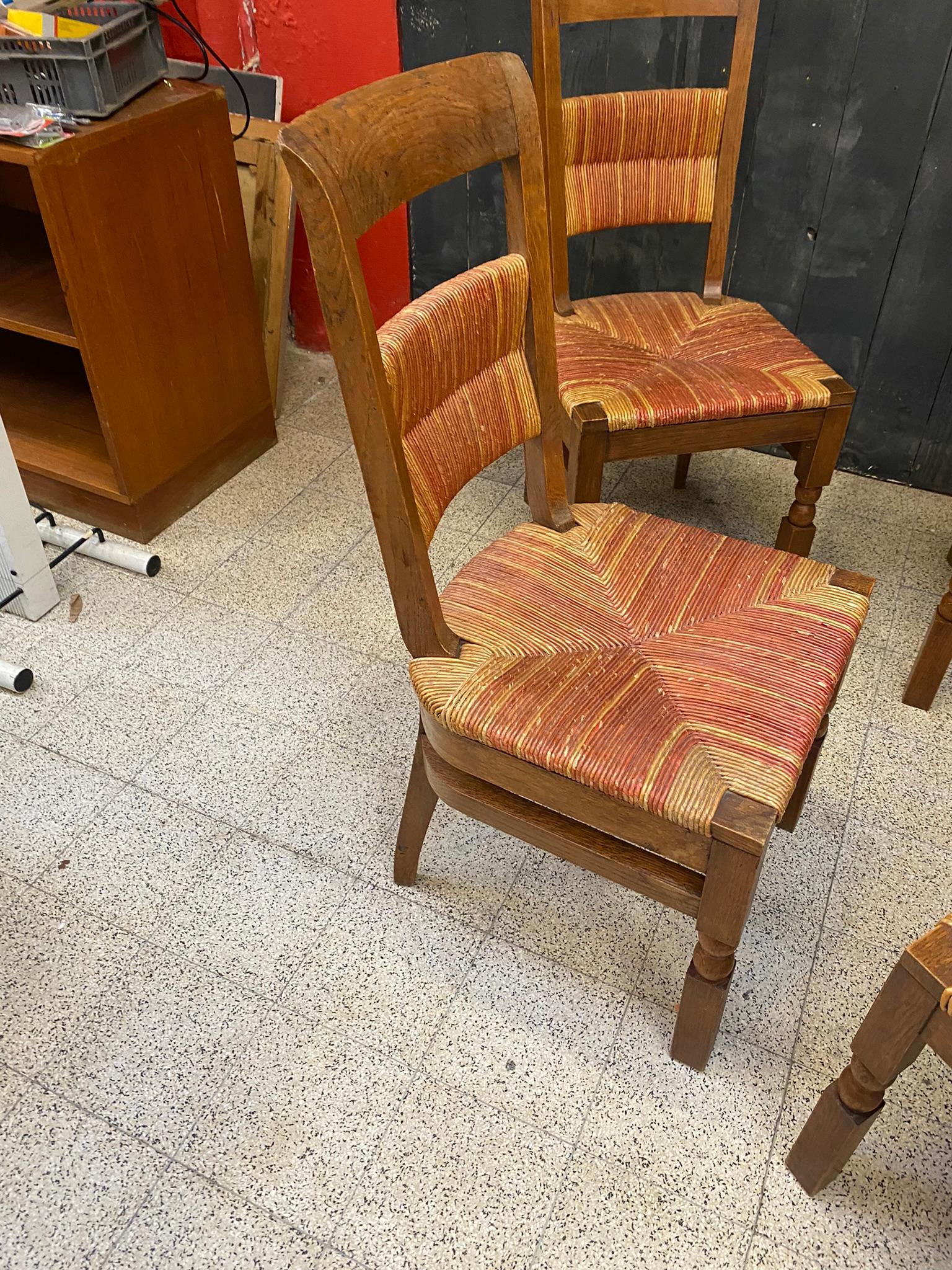 Set of 6 Oak Chairs with High Backs circa 1950, in the Style of Charles Dudouyt  For Sale 12