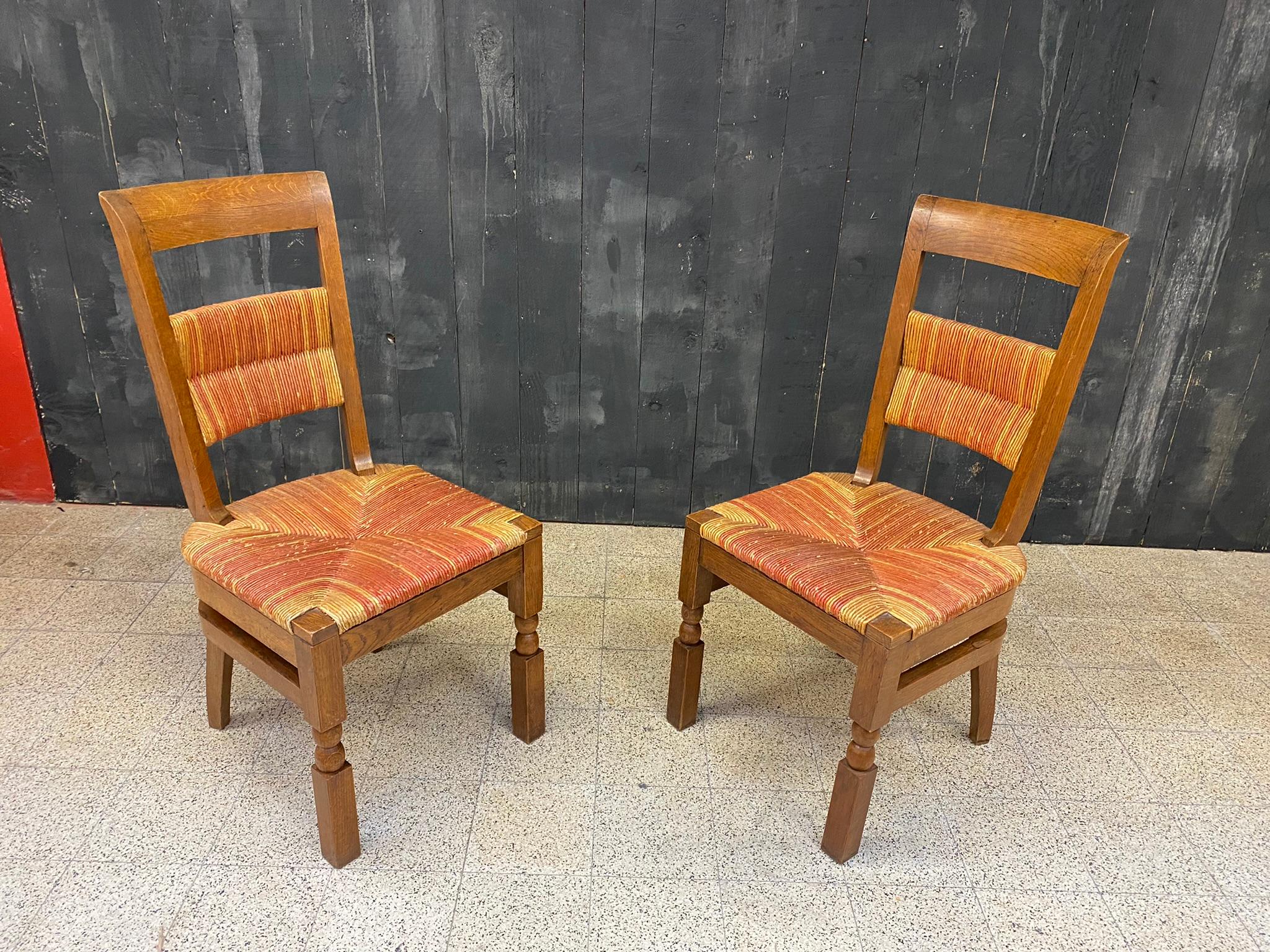 Set of 6 Oak Chairs with High Backs circa 1950, in the Style of Charles Dudouyt  For Sale 13