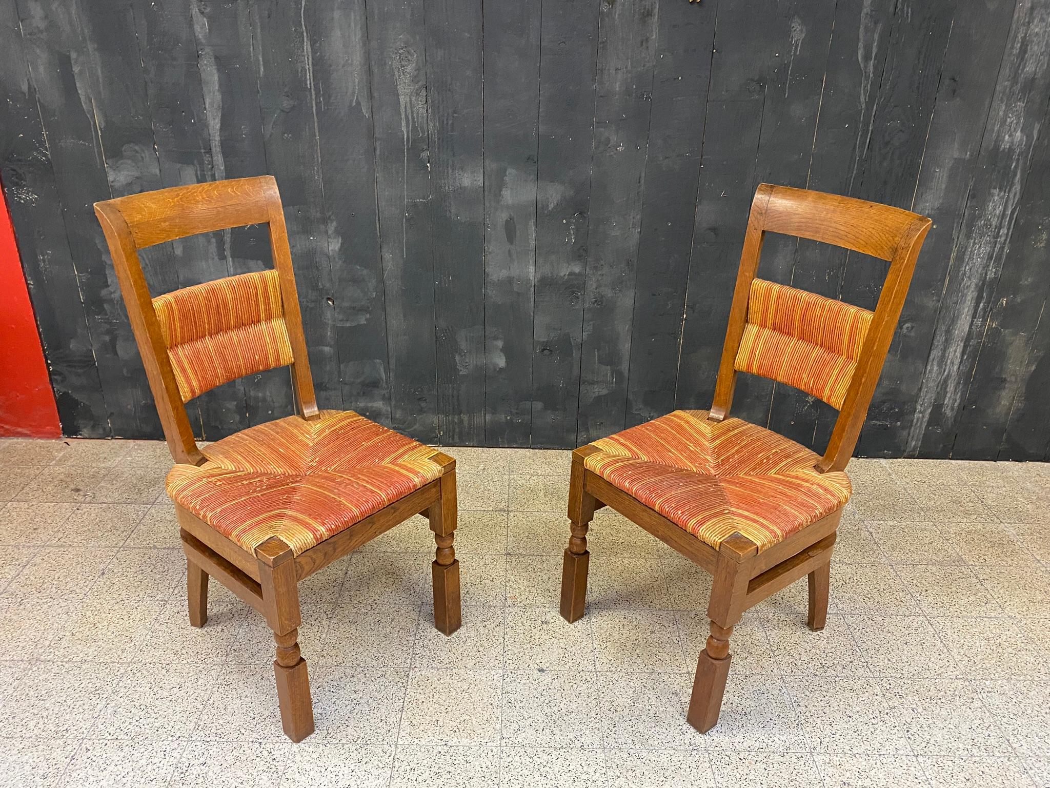 French Set of 6 Oak Chairs with High Backs circa 1950, in the Style of Charles Dudouyt  For Sale