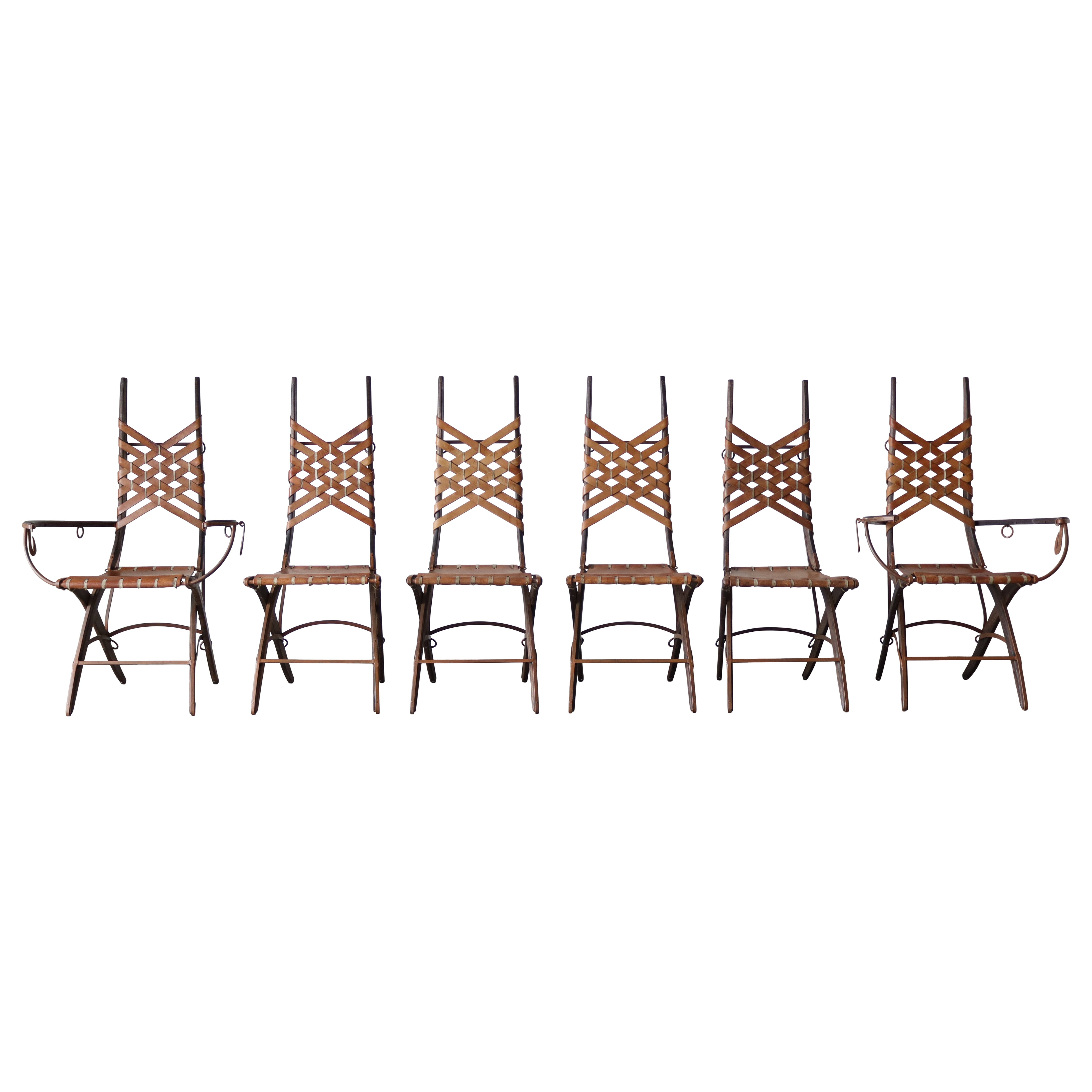 Set of 6 Oak, Iron 
Leather Dining Chairs by Alberto Marconetti im Angebot