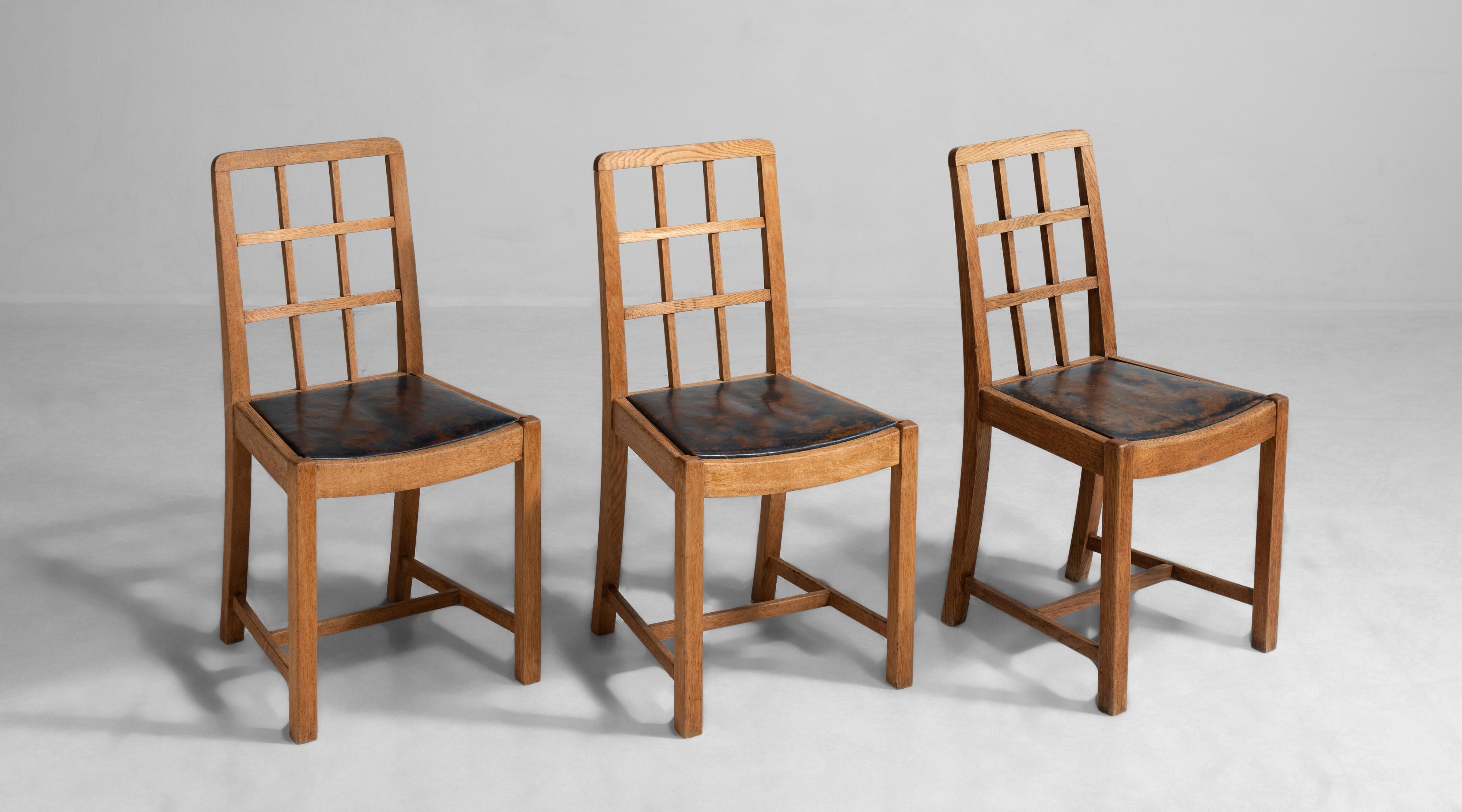 Pale oak lattice back dining chairs with original leather seats.


Measures: 17” W x 17.5” D x 33.75” H x 18” seat.
   