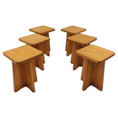 Set of 6 Oak Stools in the Style of Pierre Chapo, France, 1960s